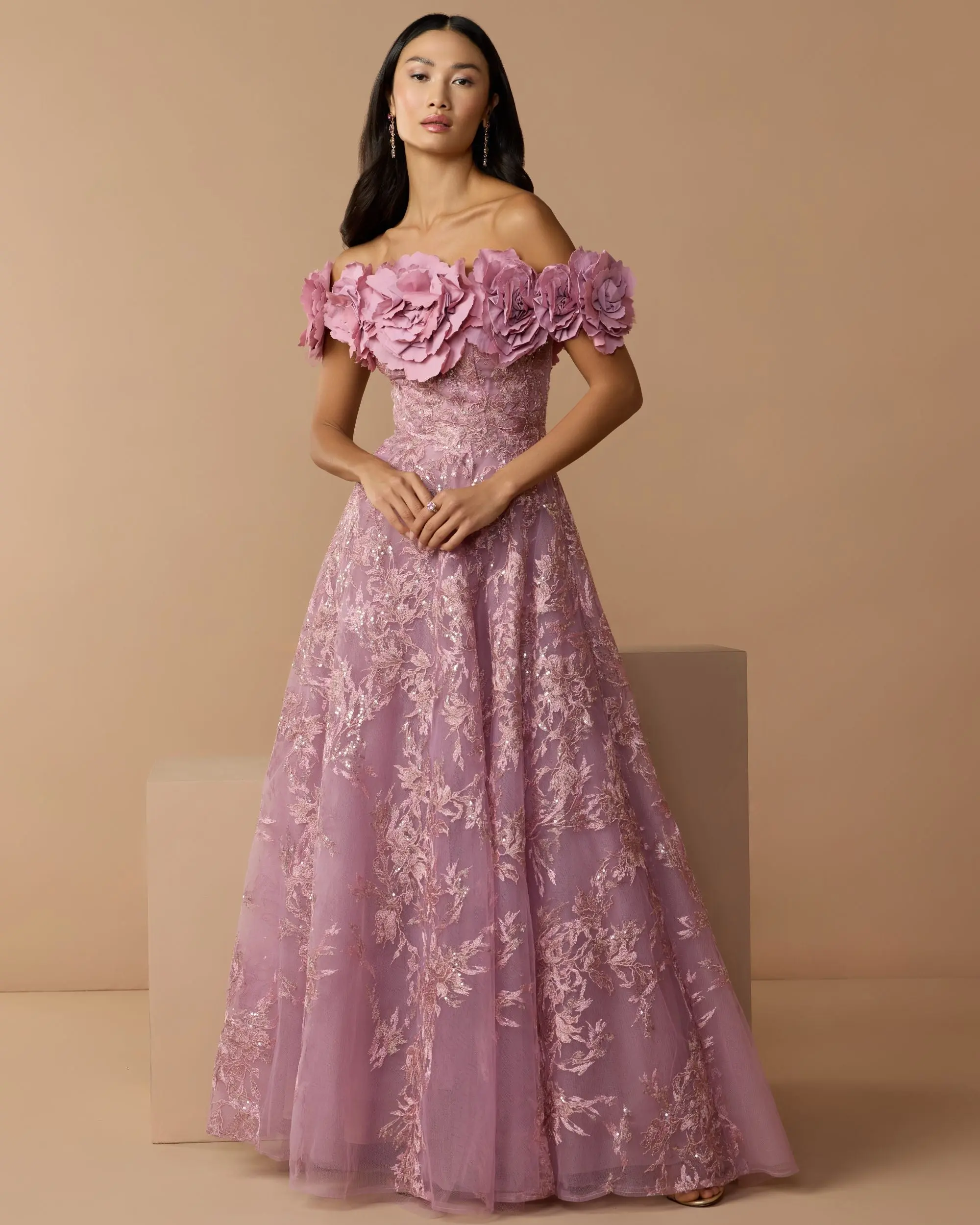 Purple Off The Shoulder 3D Floral Embroidered A-Line Gown - Special Events Unlimited