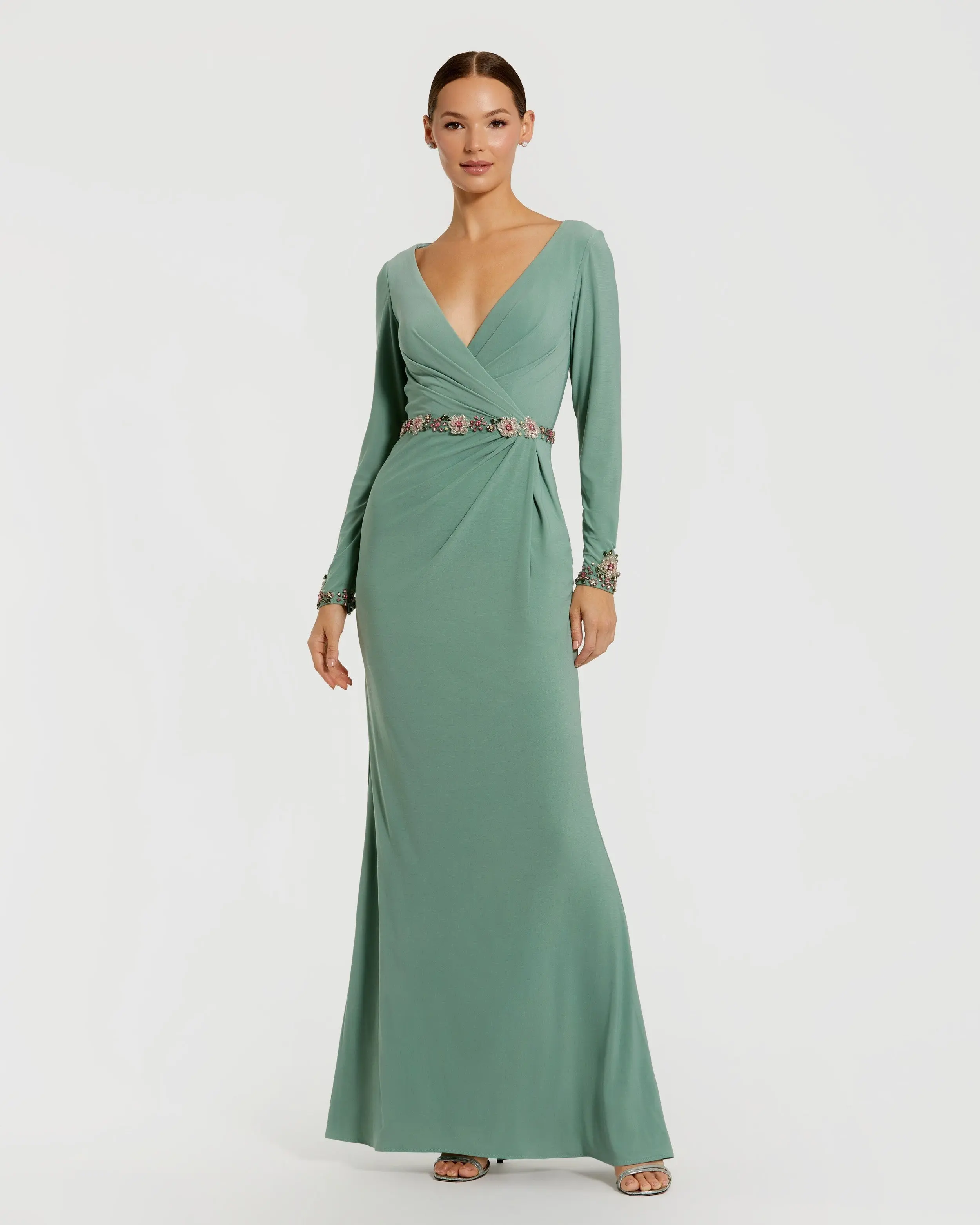 Green Jersey Long Sleeve V Neck Gown With Beaded Belt - Special Events Unlimited