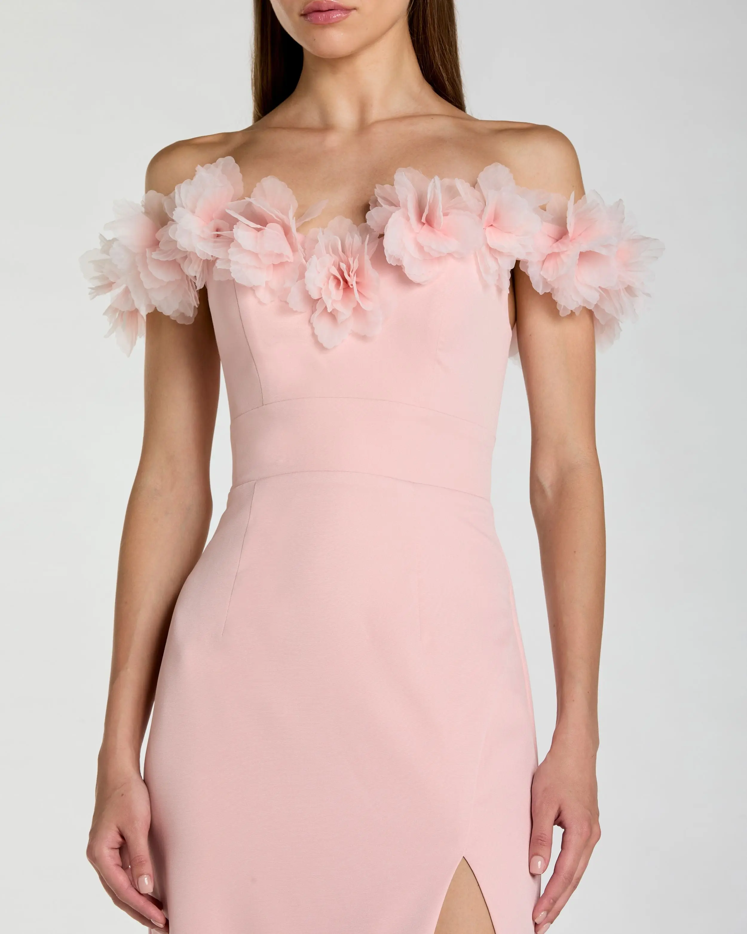 Pink Off The Shoulder Column Gown With 3D Flowers - Special Events Unlimited