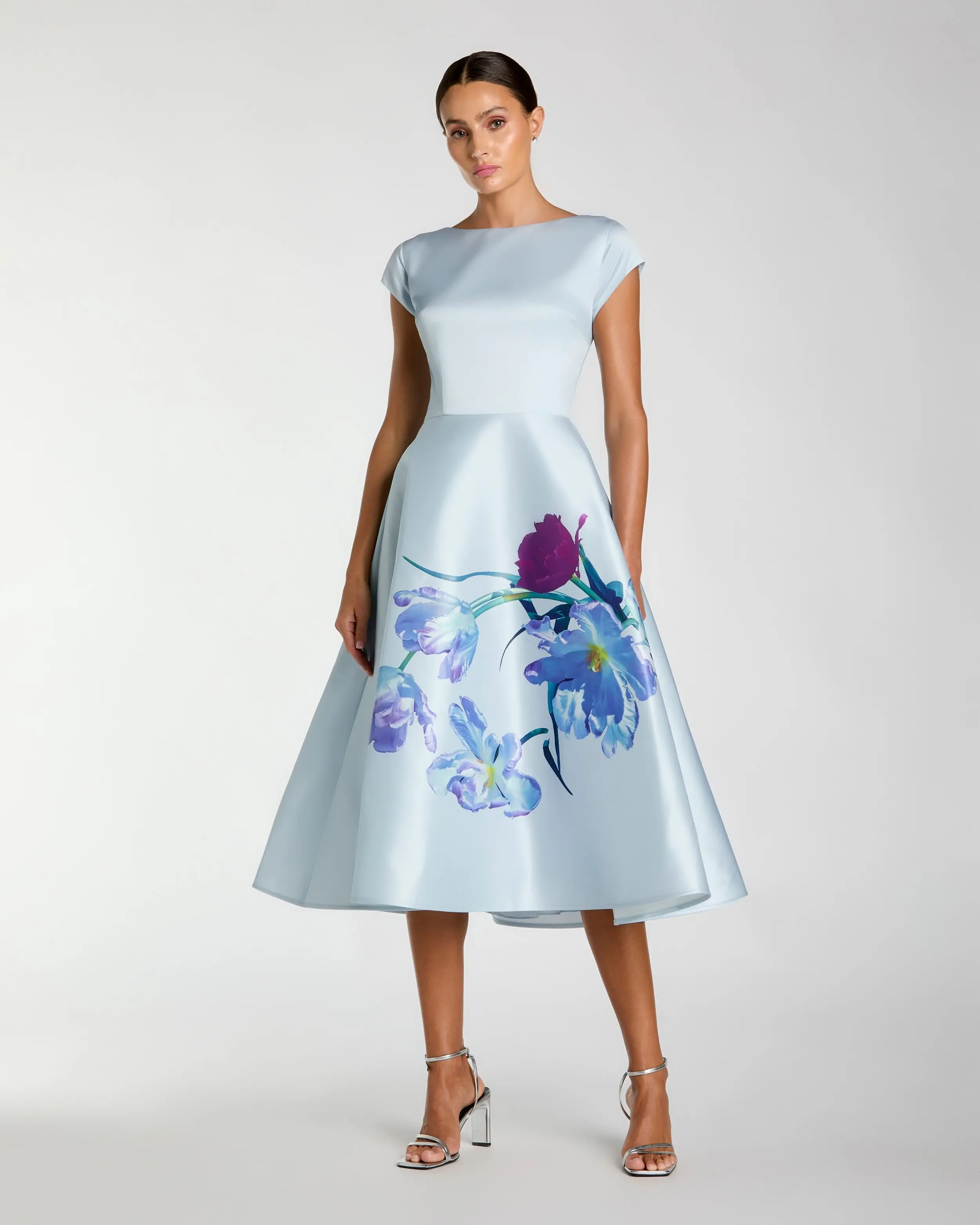 Blue Satin Cap Sleeve Midi Dress With Floral Print - Special Events Unlimited