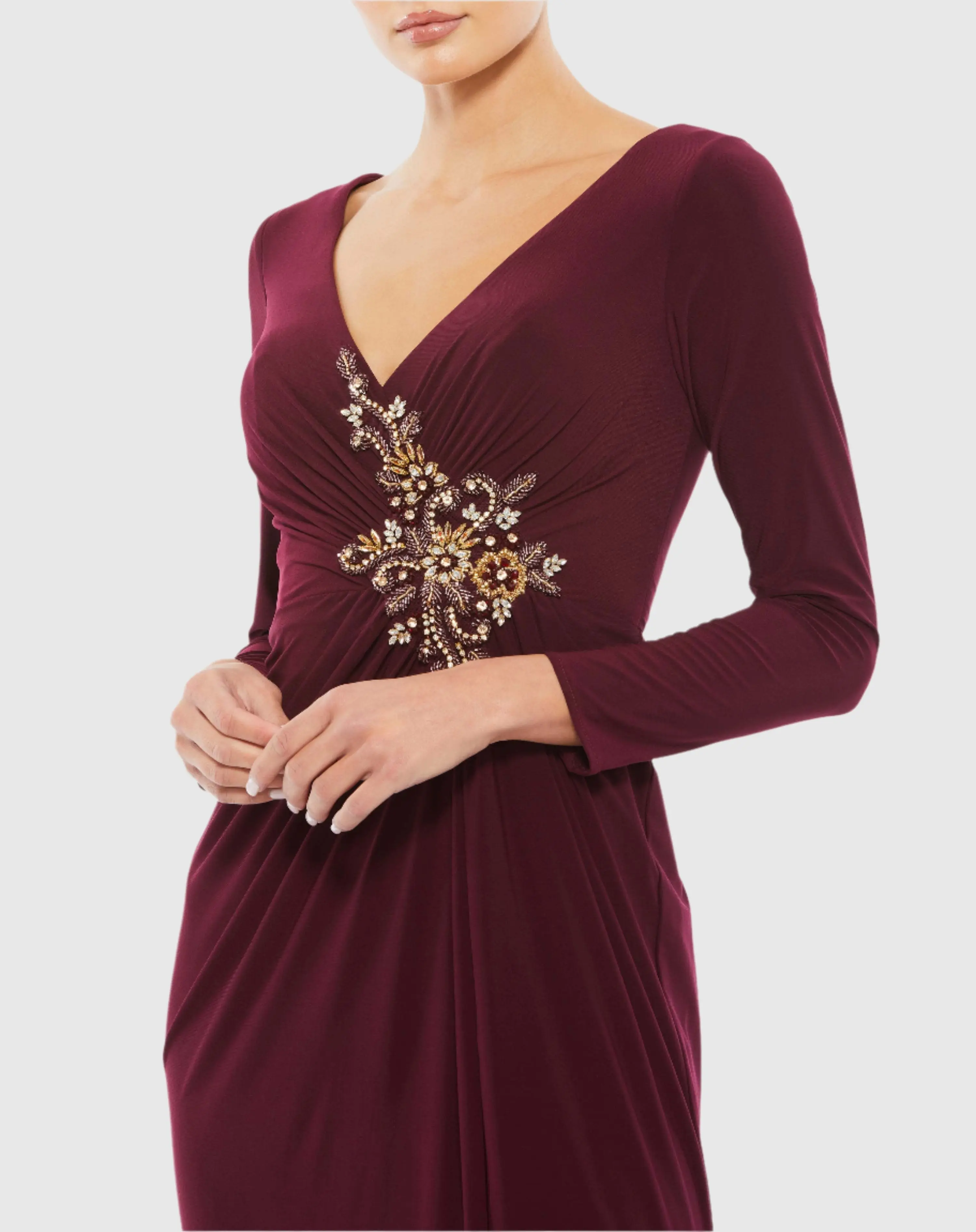 Red Faux Wrap Long Sleeve Evening Gown with Appliqué Detail - Special Events Unlimited