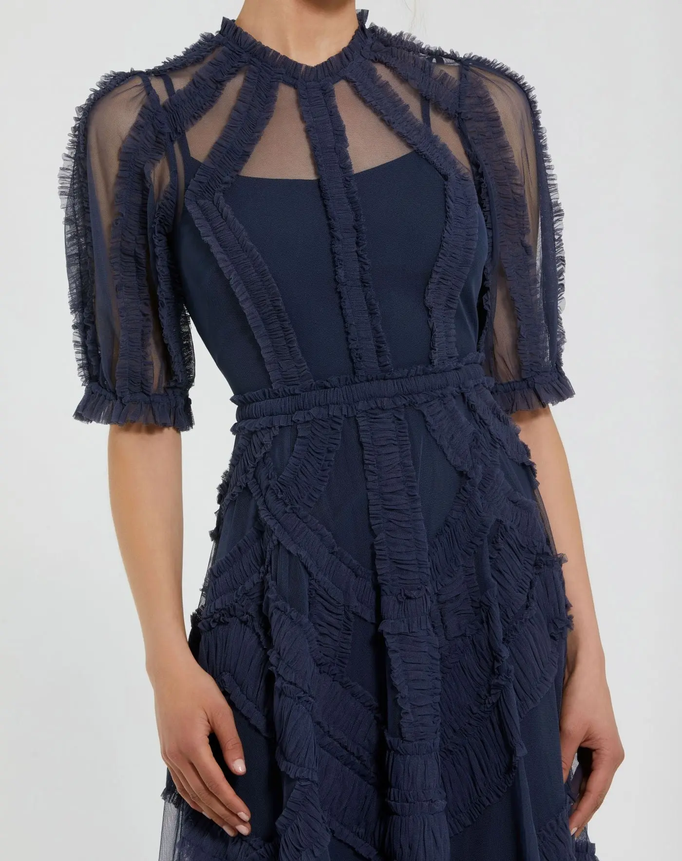 Petite Navy High Neck Ruffle Tiered A-Line Midi Dress - Special Events Unlimited