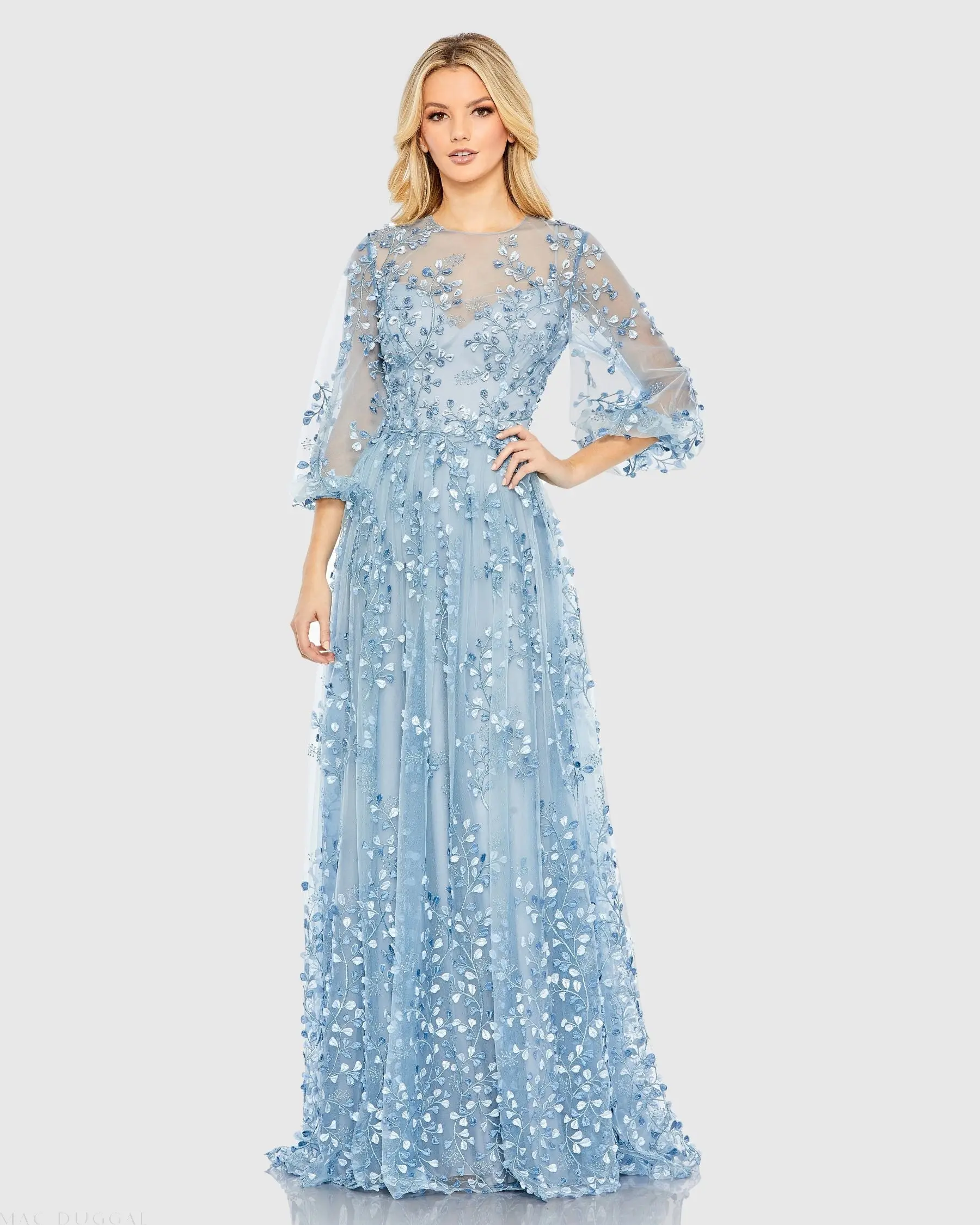 Blue Embroidered Puff Sleeve A-Line Gown - Special Events Unlimited