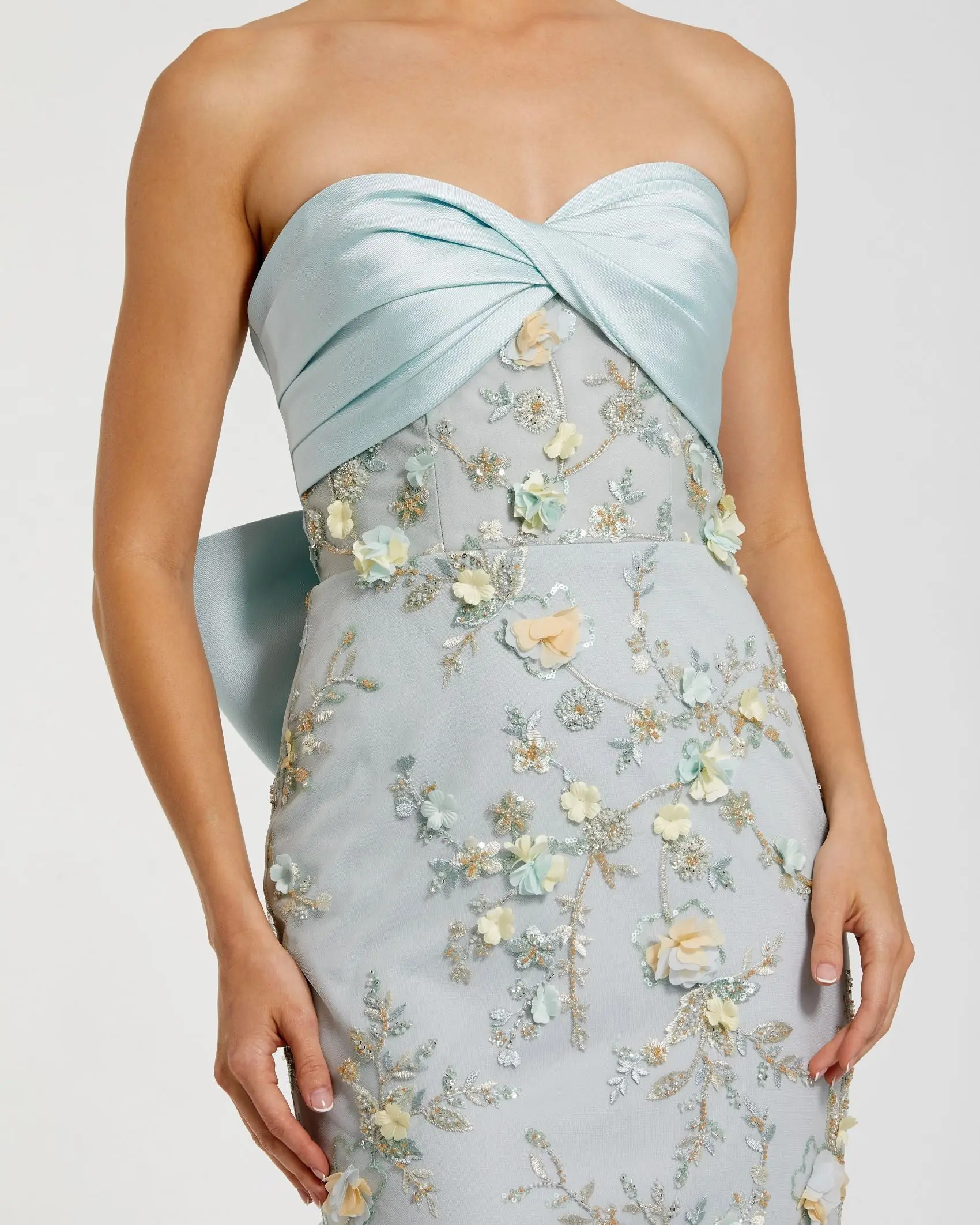 Blue Strapless Sweetheart Embellished Gown With Bow - Special Events Unlimited