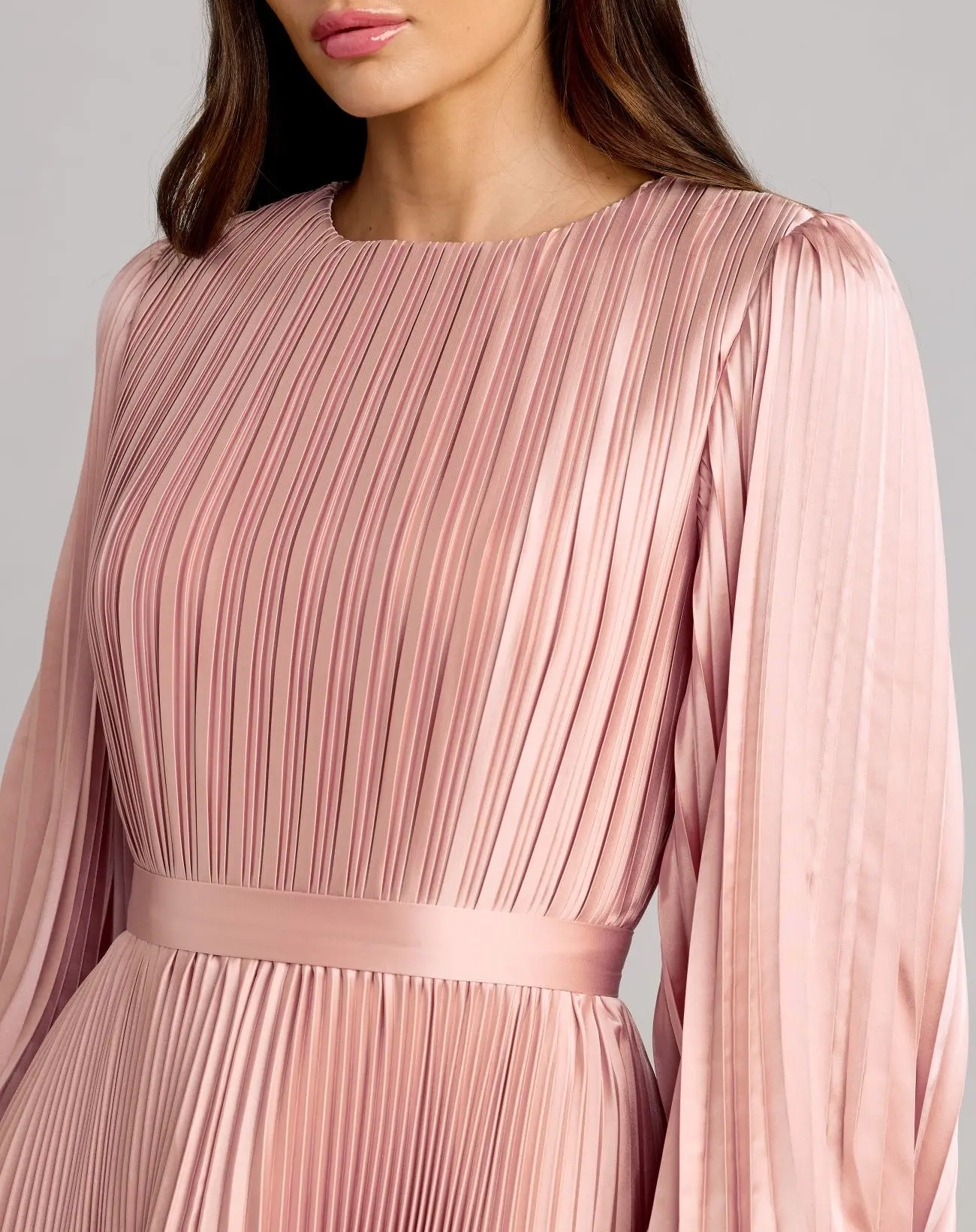 Pink Long Sleeve Pleated Charmeuse Handkerchief Dress - Special Events Unlimited
