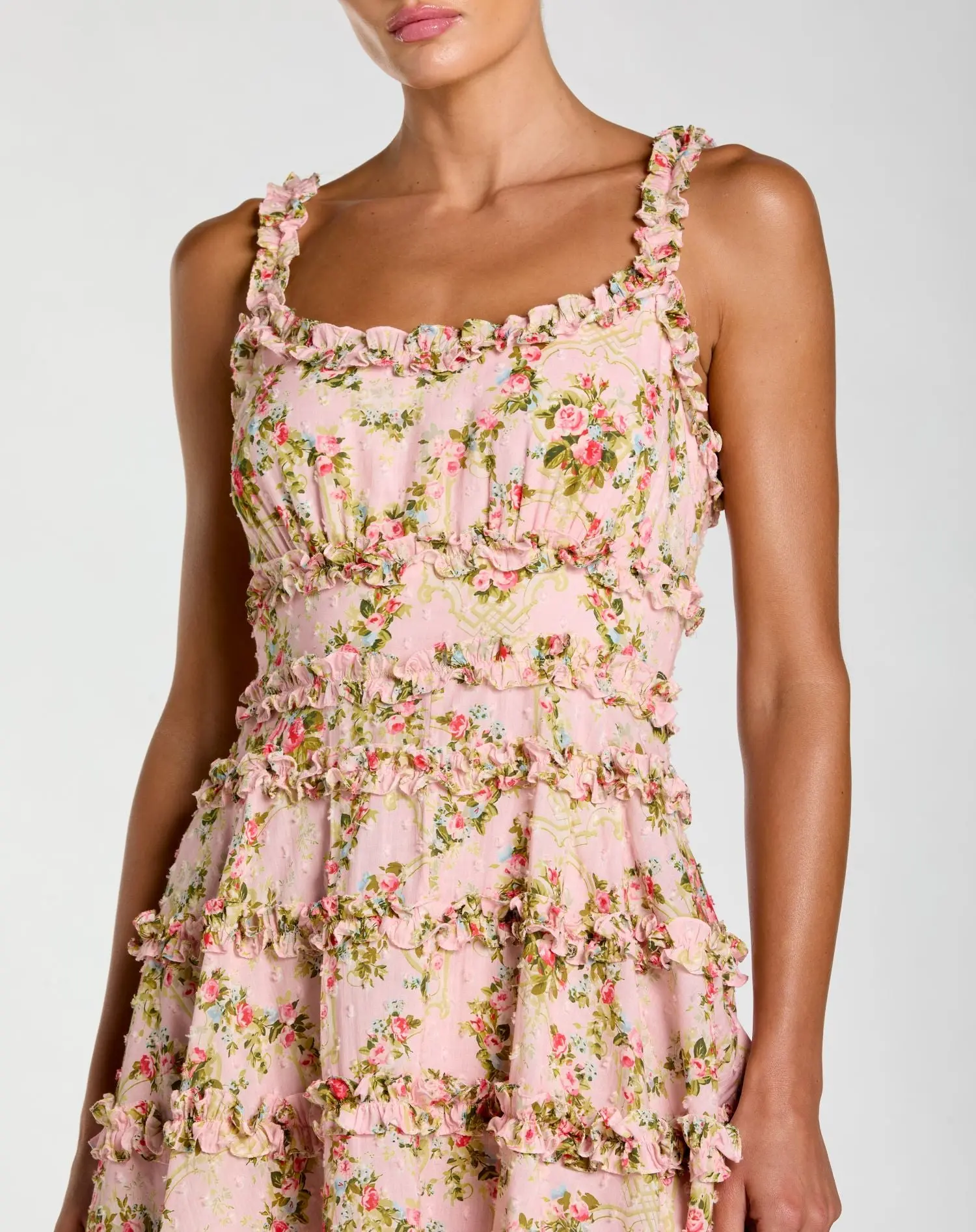 Pink Floral Square Neck Ruffled Cotton Mini Dress - Special Events Unlimited