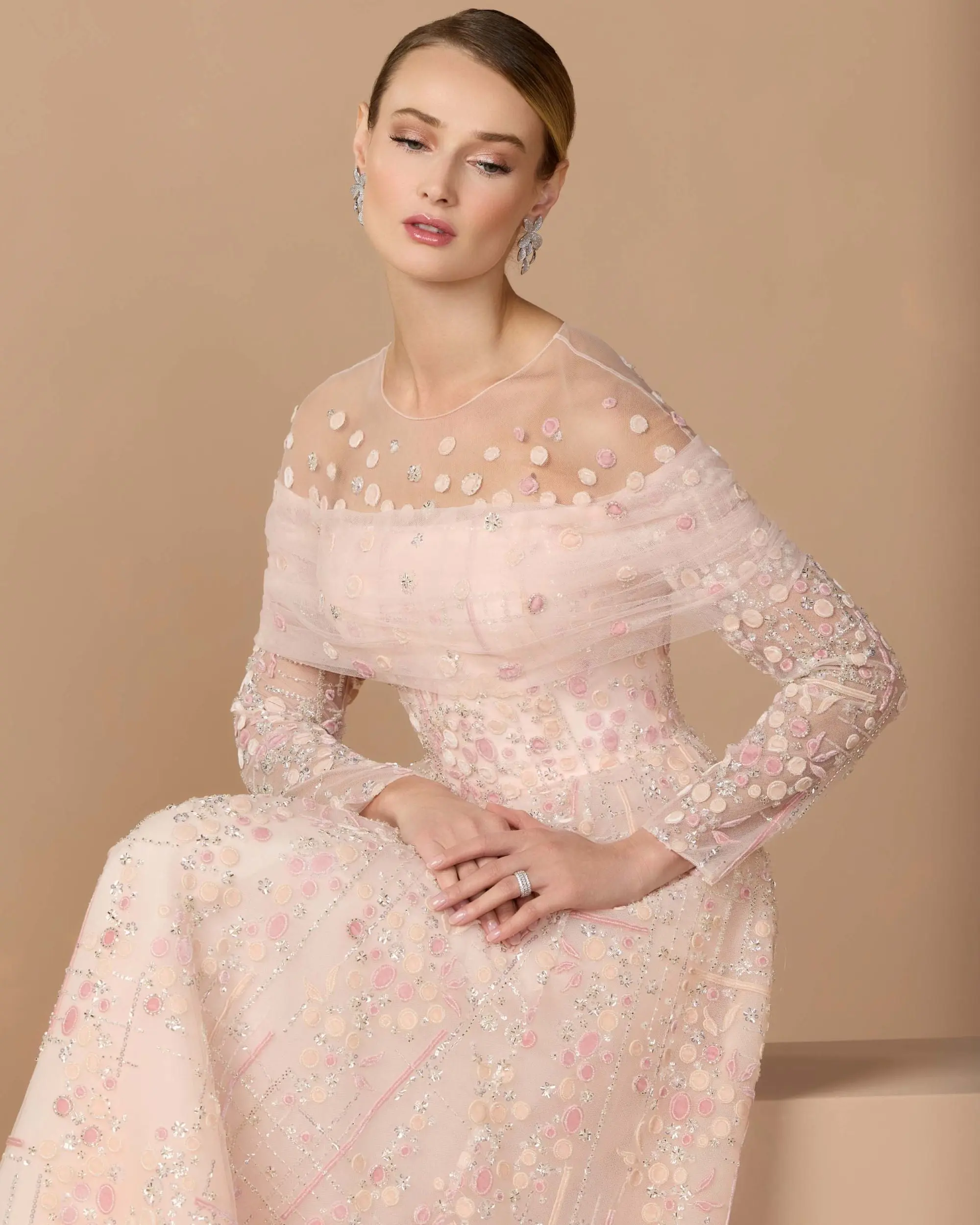 Pink Off The Shoulder Embellished Long Sleeve Ball Gown - Special Events Unlimited