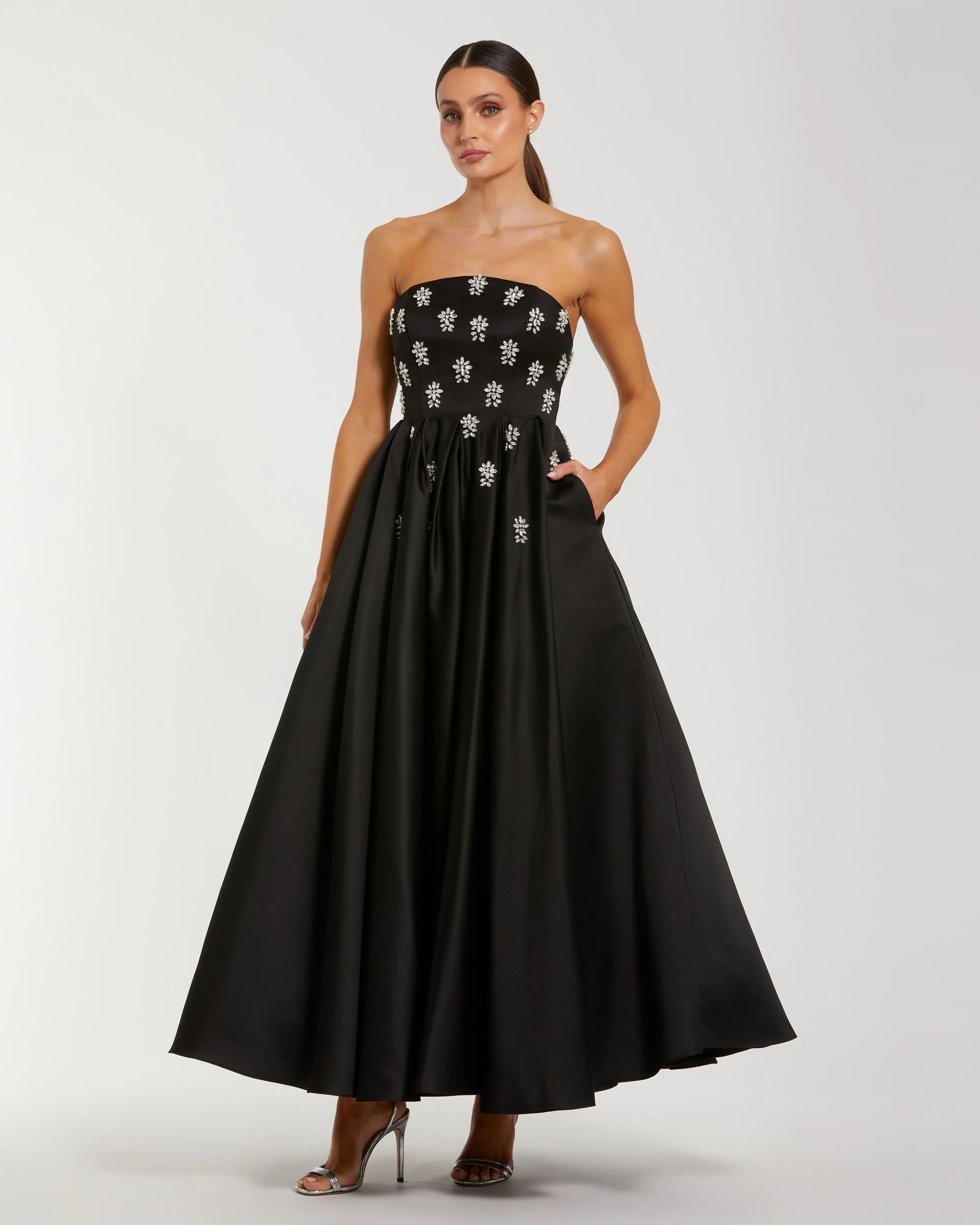 Black Strapless Crystal Embellished Satin A-Line Dress - Special Events Unlimited