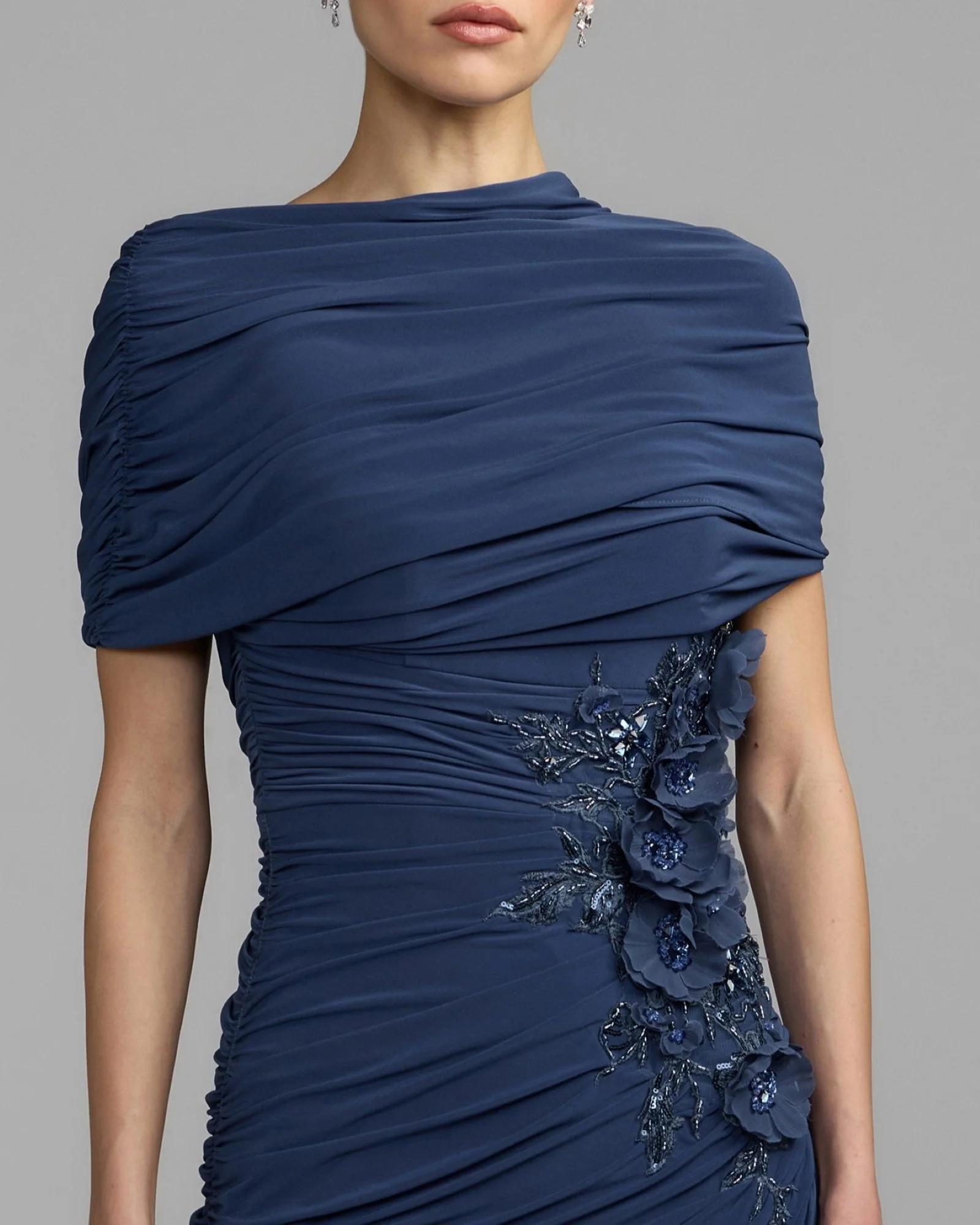 Navy Embellished Jersey Draped Column Gown - Special Events Unlimited