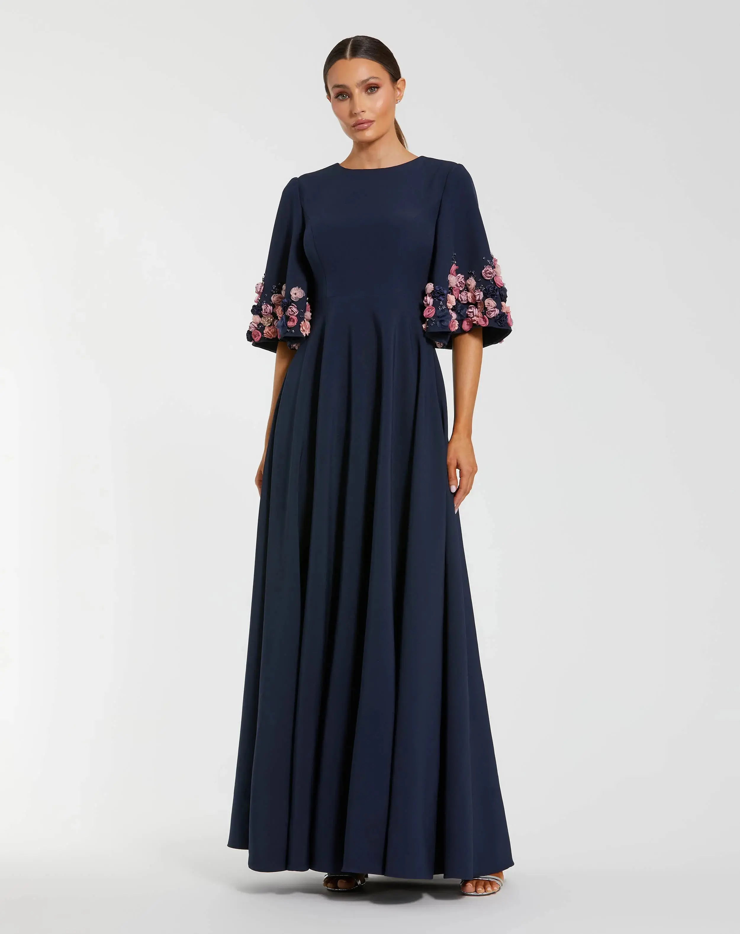 Navy Crepe 3/4 Sleeve A-line Gown With Flower Trim - Special Events Unlimited