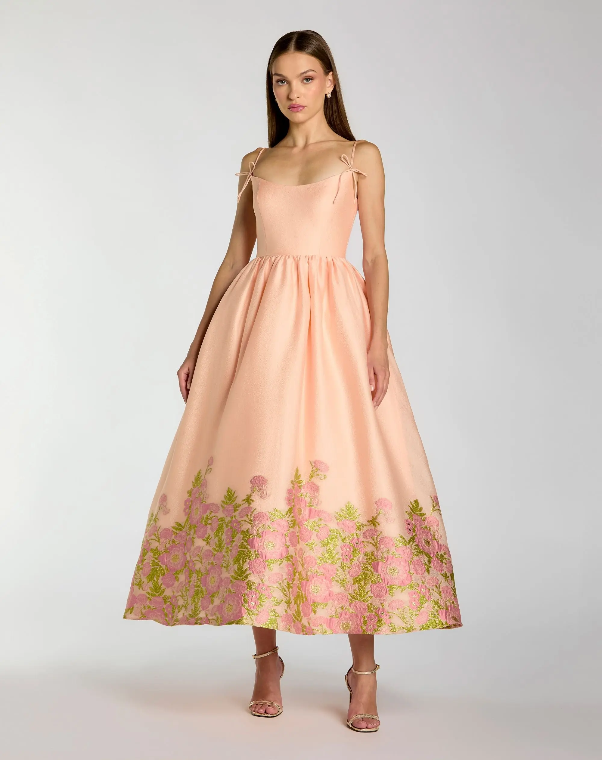 Peach Spaghetti Strap Organza Midi Dress With Bow Detail - Special Events Unlimited