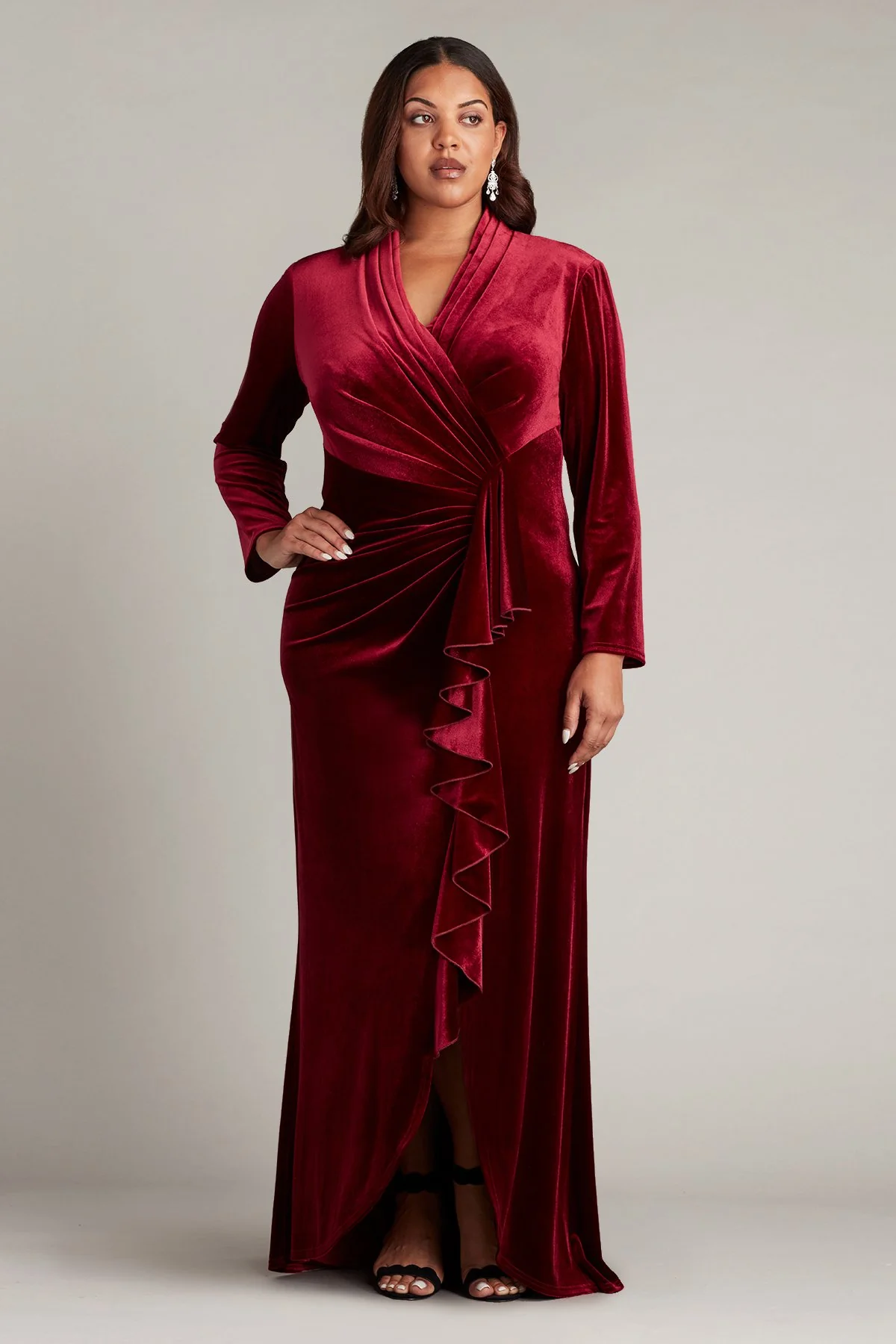 Markum Long-Sleeve Velvet Flounce Gown - PLUS SIZE - Special Events Unlimited