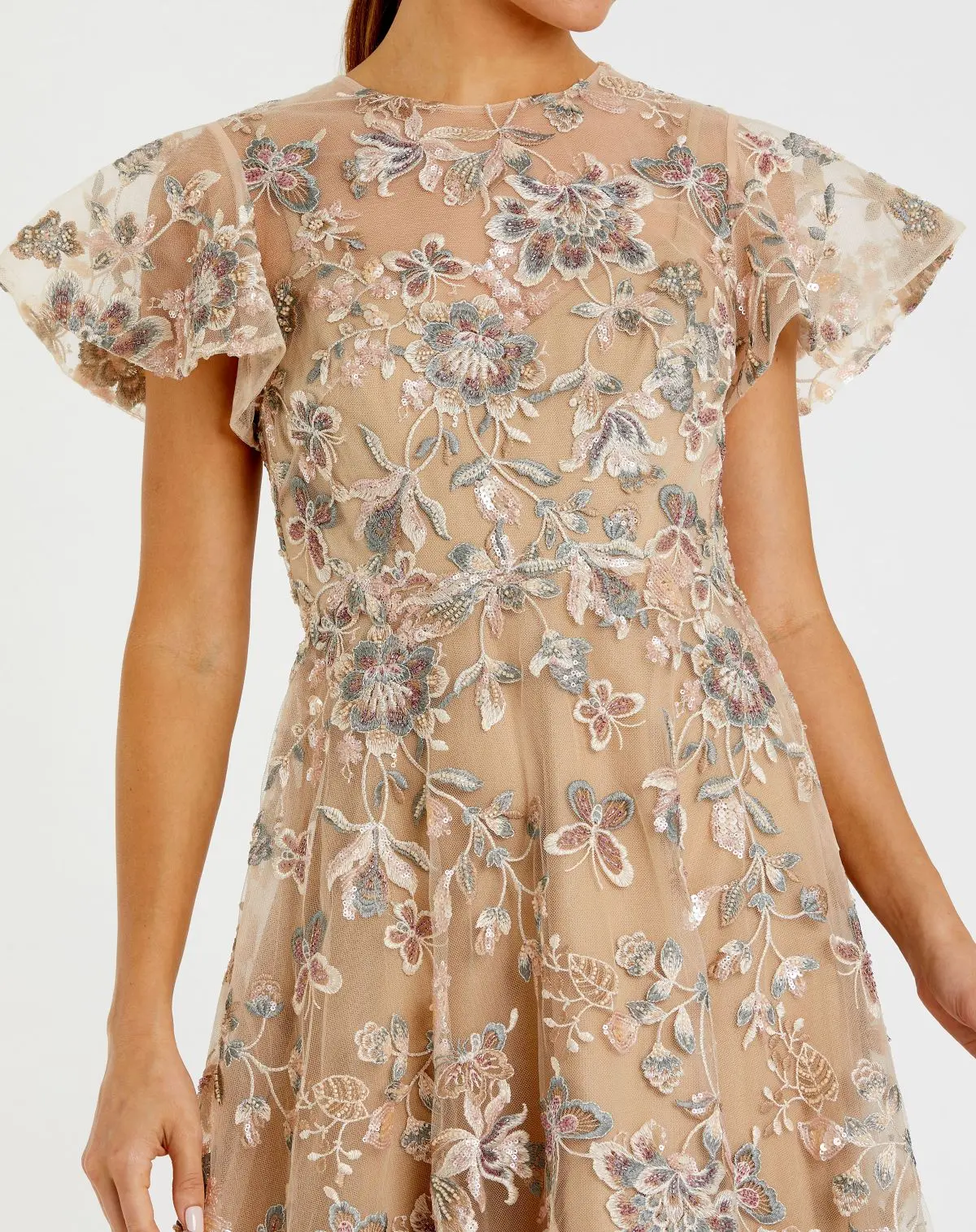 Beige Flutter Sleeve Butterfly Embroidered Maxi Dress - Special Events Unlimited