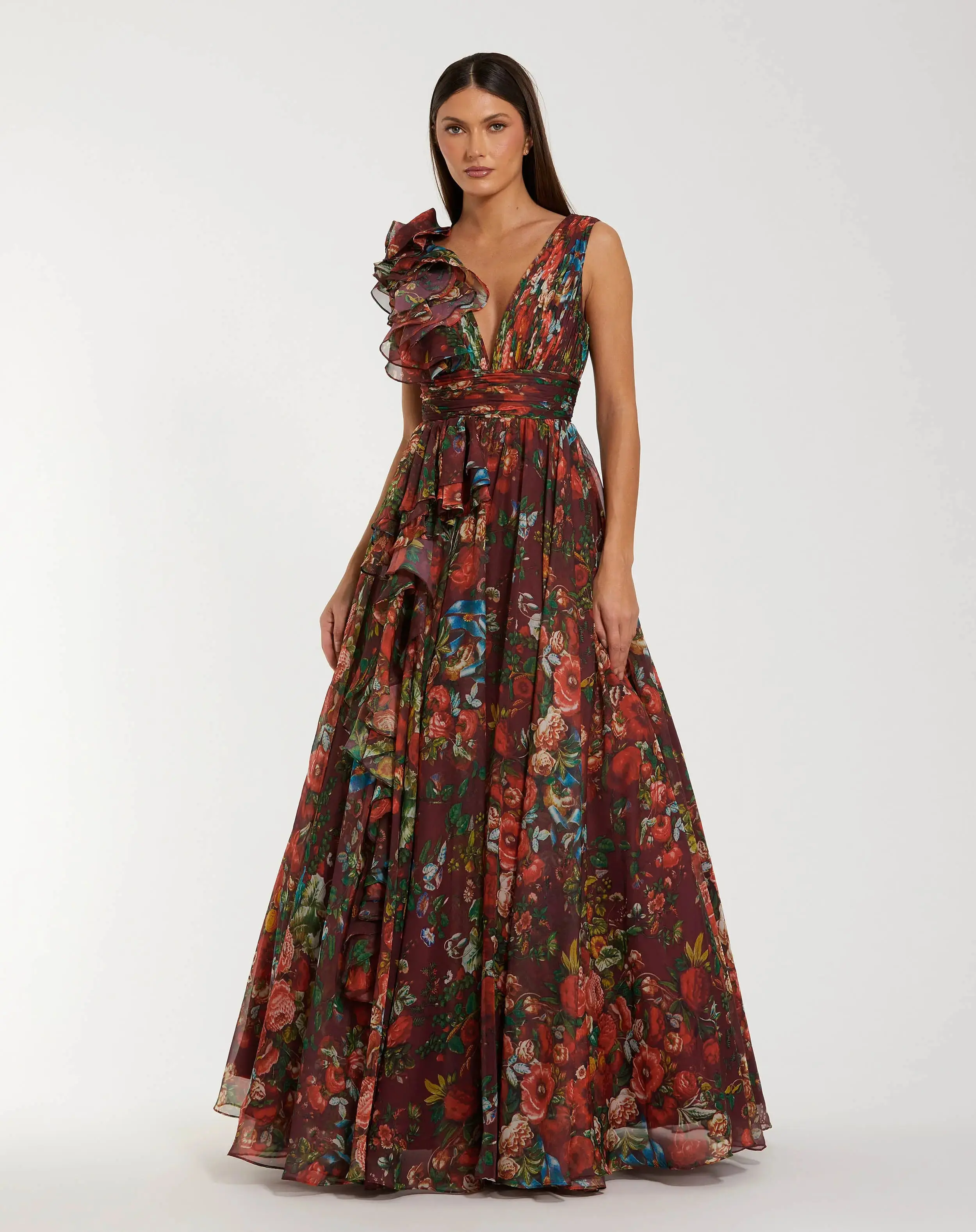 Wine Sleeveless V-Neck Floral Chiffon Ruffle Ball Gown - Special Events Unlimited