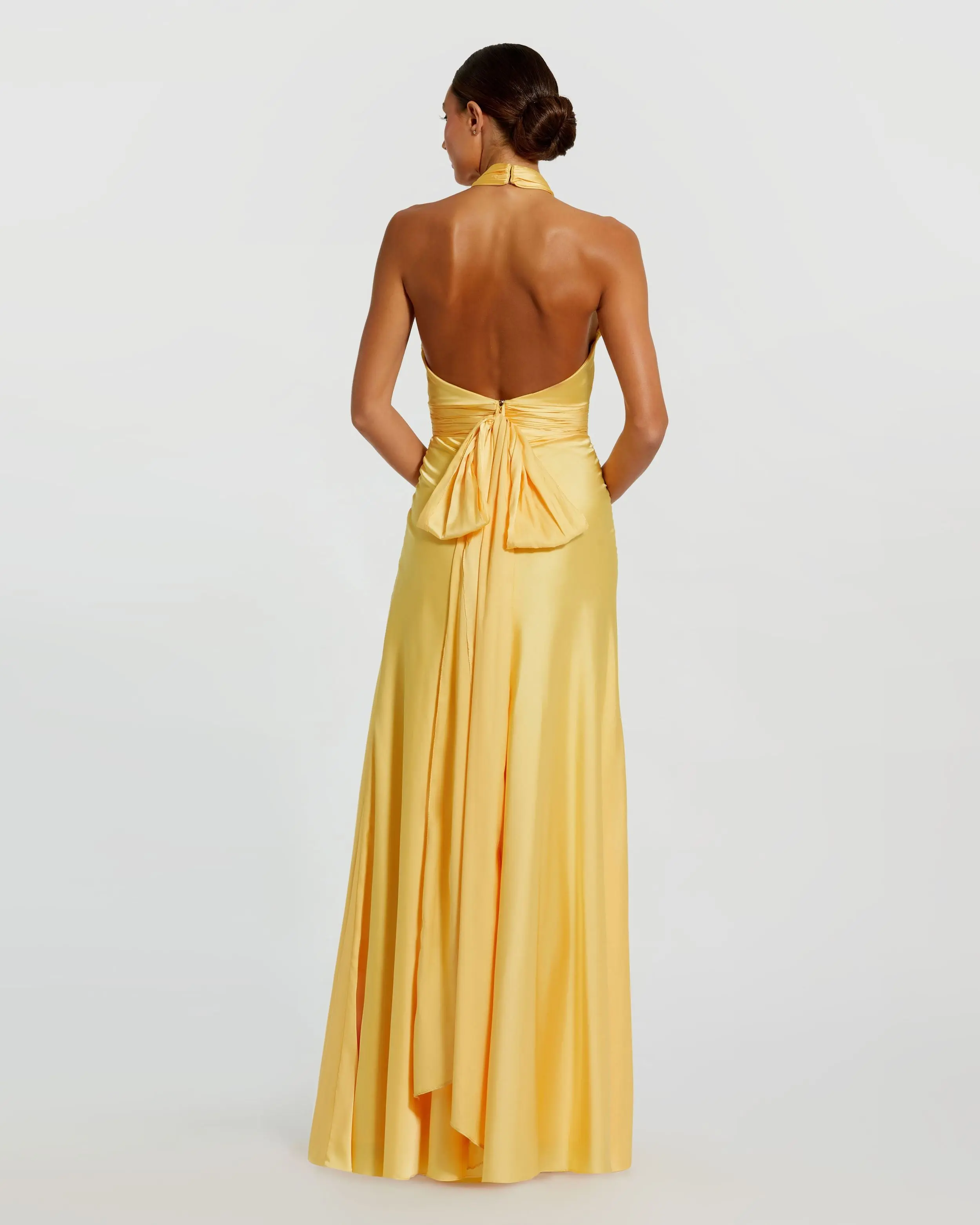 Yellow Ruched Halter Neck Tie Back Satin Gown - Special Events Unlimited