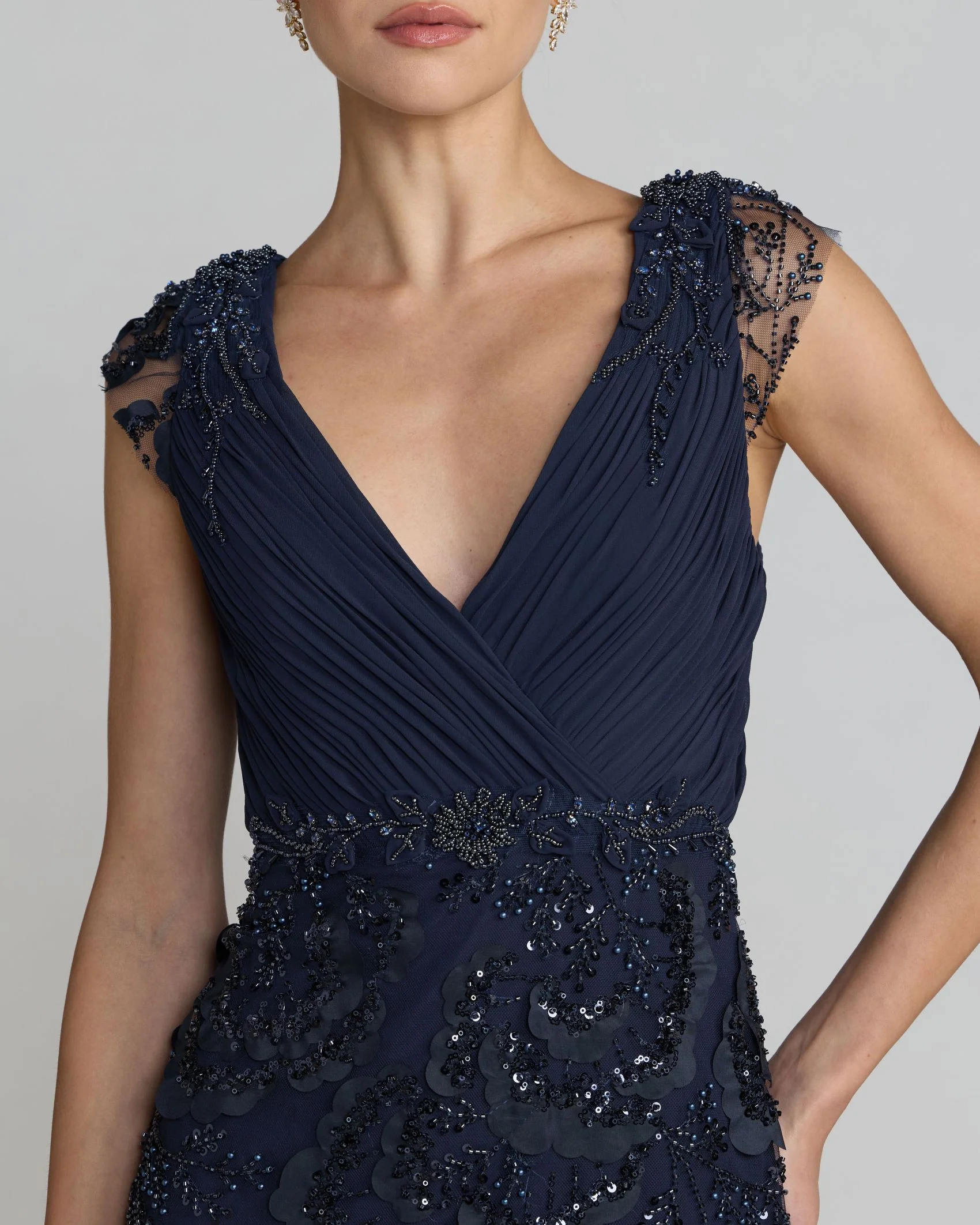 Navy Floral Beaded Chiffon V-Neck Evening Gown - Special Events Unlimited