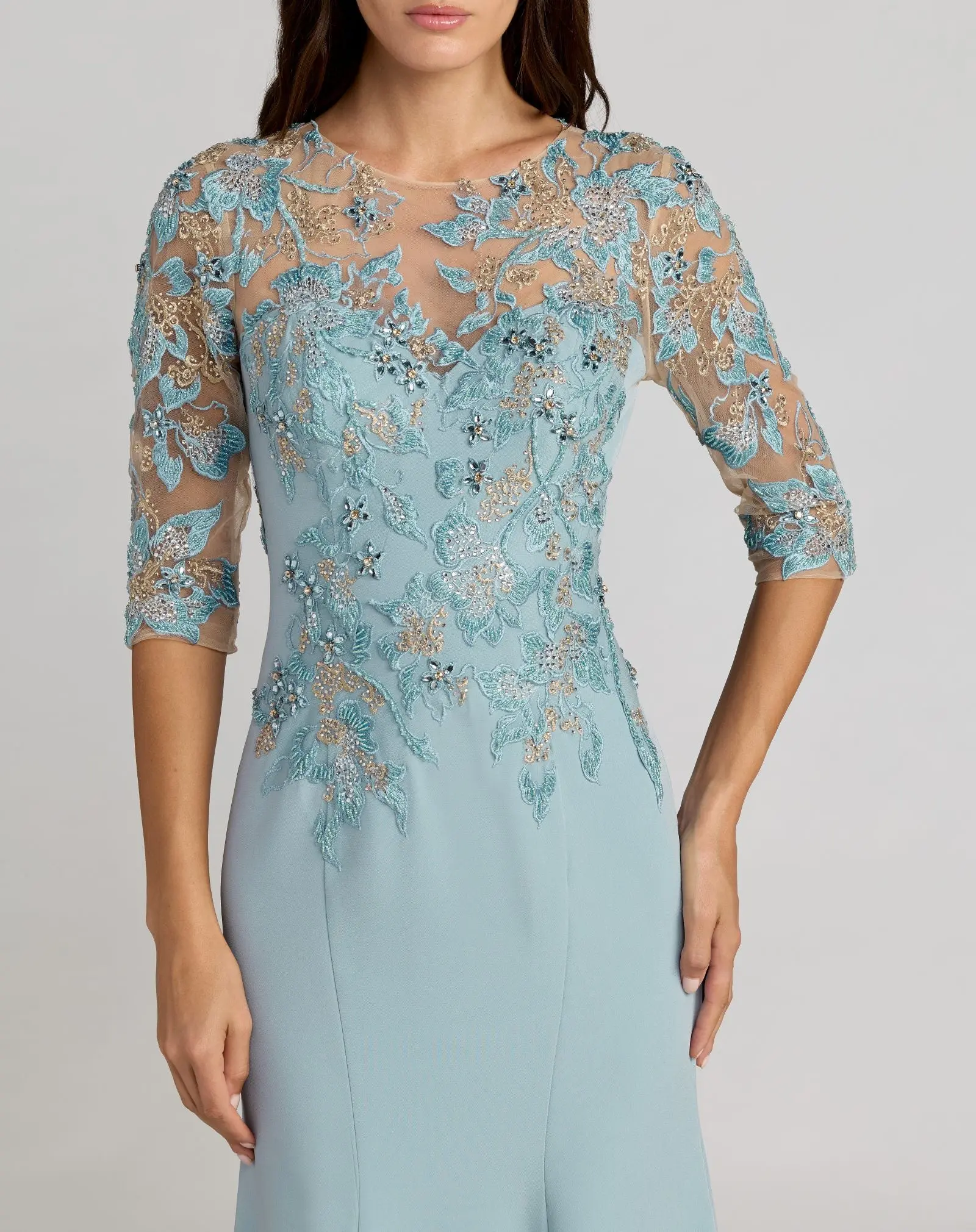 Blue Embroidered Crepe Mermaid Gown With 3/4 Sleeves - Special Events Unlimited