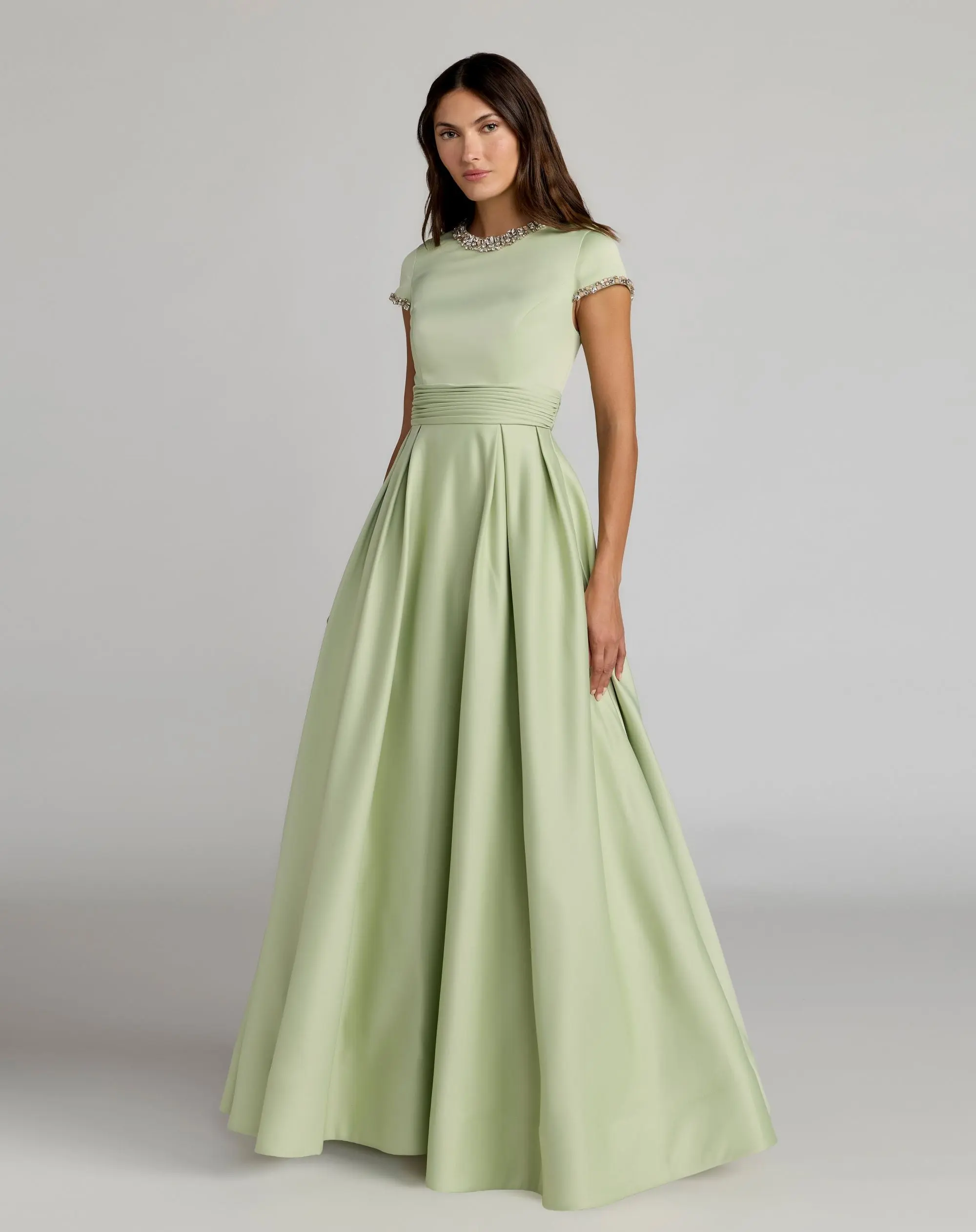 Petite Green Embellished Satin Cap Sleeve Ball Gown - Special Events Unlimited