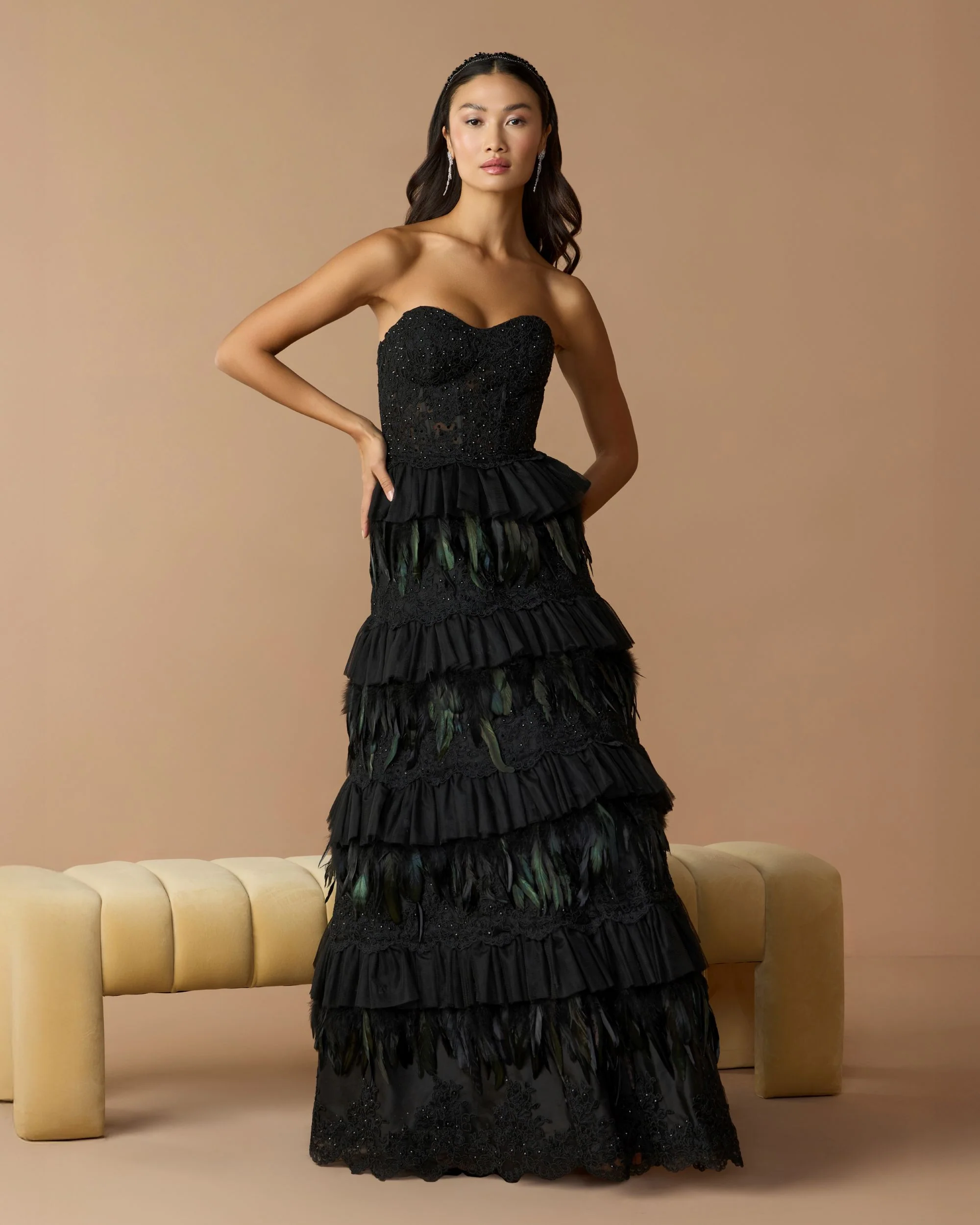 Black Strapless Sweetheart Lace Tiered Feather Ball Gown - Special Events Unlimited
