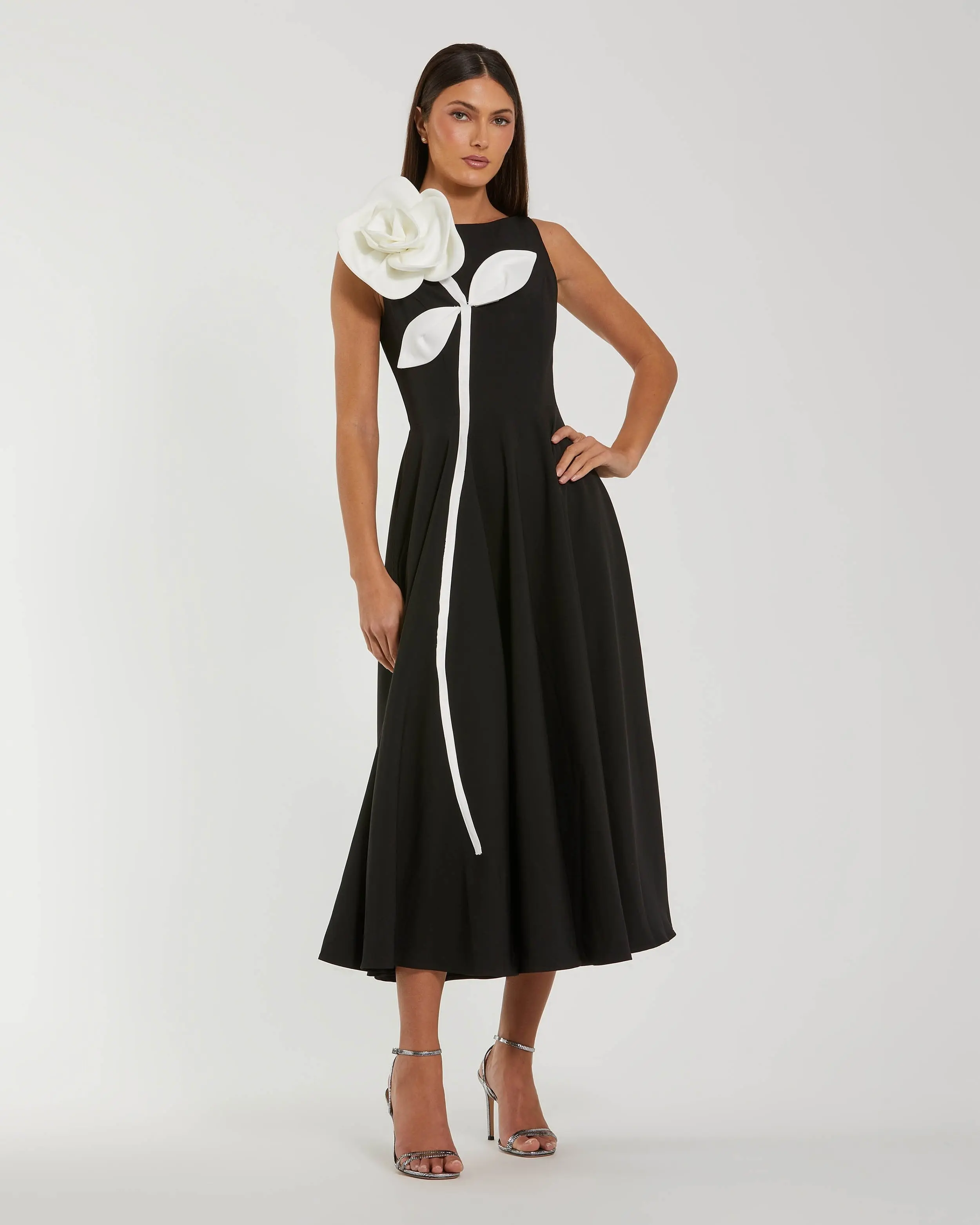 Black Crepe A Line Midi Dress with 3D Flower - Special Events Unlimited