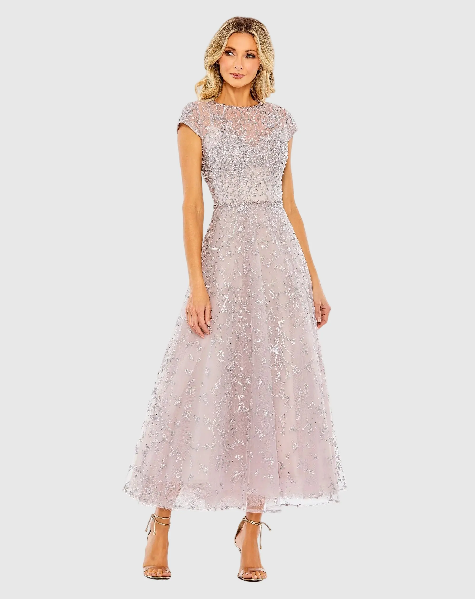 Petite Purple Embellished High Neck Cap Sleeve A Line Dress - Special Events Unlimited