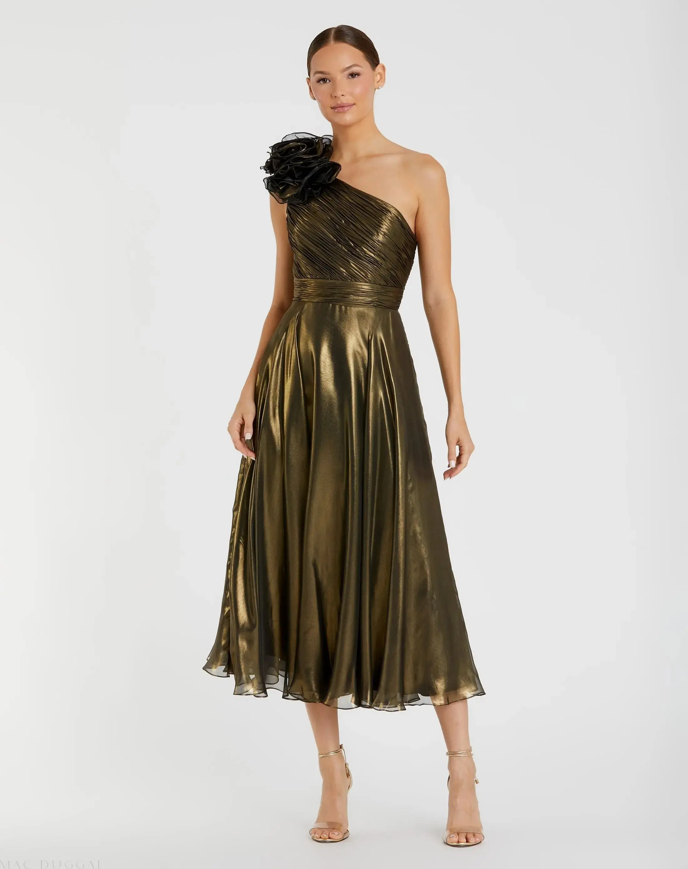 Gold Rosette One Shoulder Tea Length Dress - Special Events Unlimited