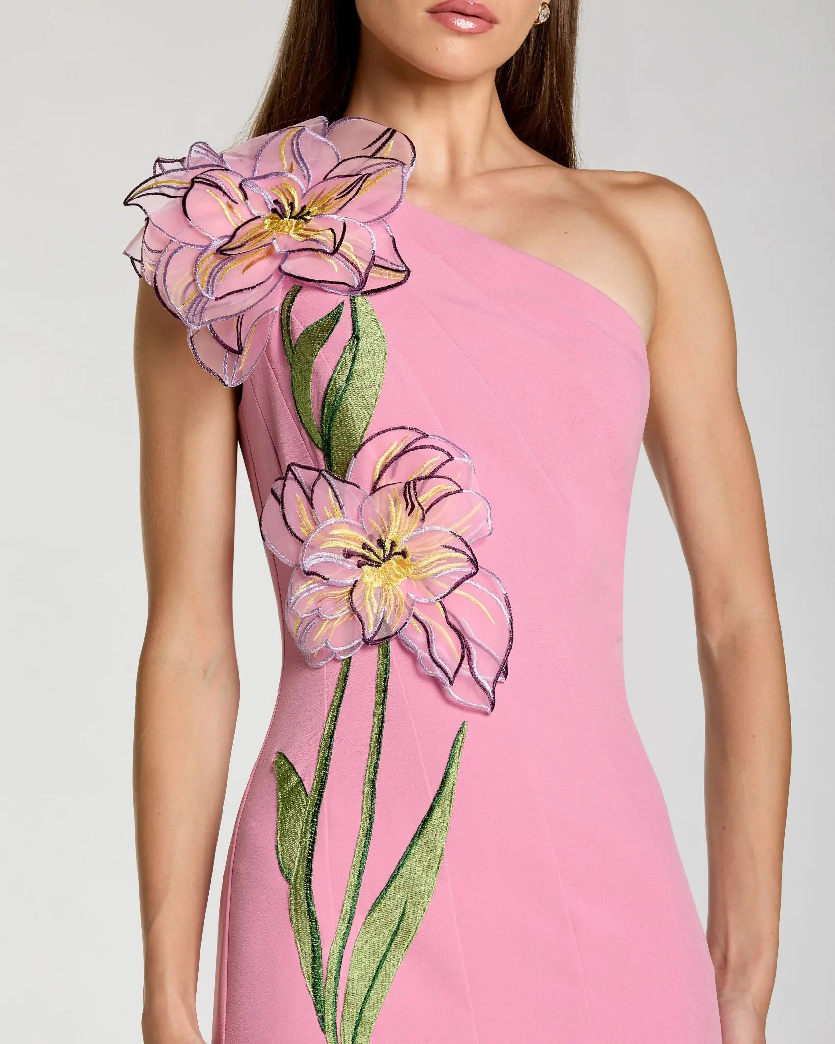 Pink One Shoulder Mermaid Gown With 3D Flower - Special Events Unlimited
