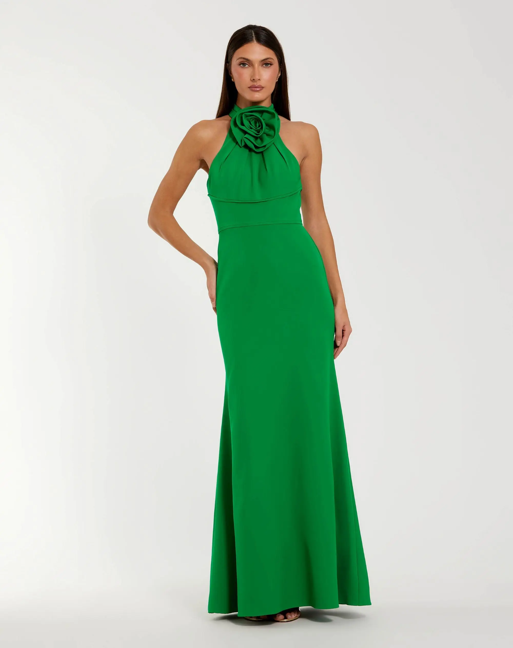 Green Sleeveless Halter Neck Gown with Rosette Detail - Special Events Unlimited