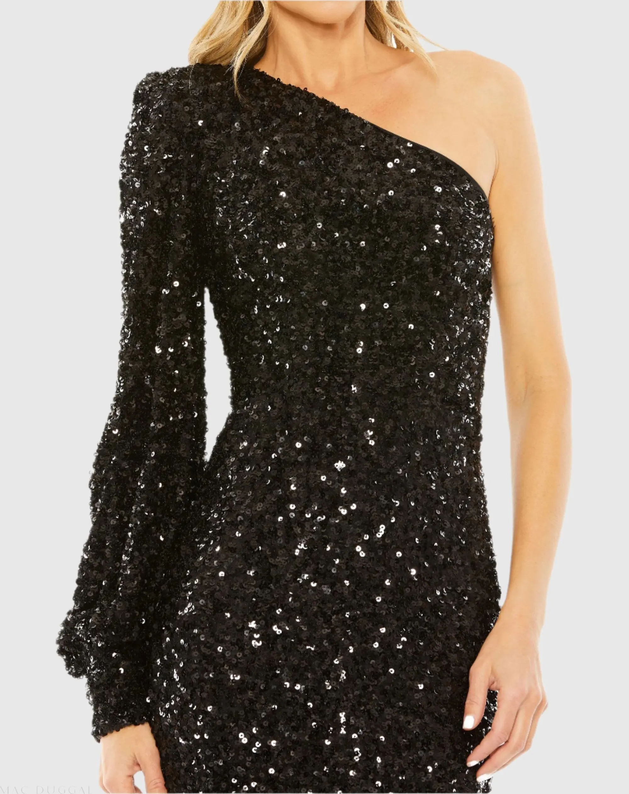 Black Sequined One Shoulder Bishop Sleeve Trumpet Gown - Special Events Unlimited
