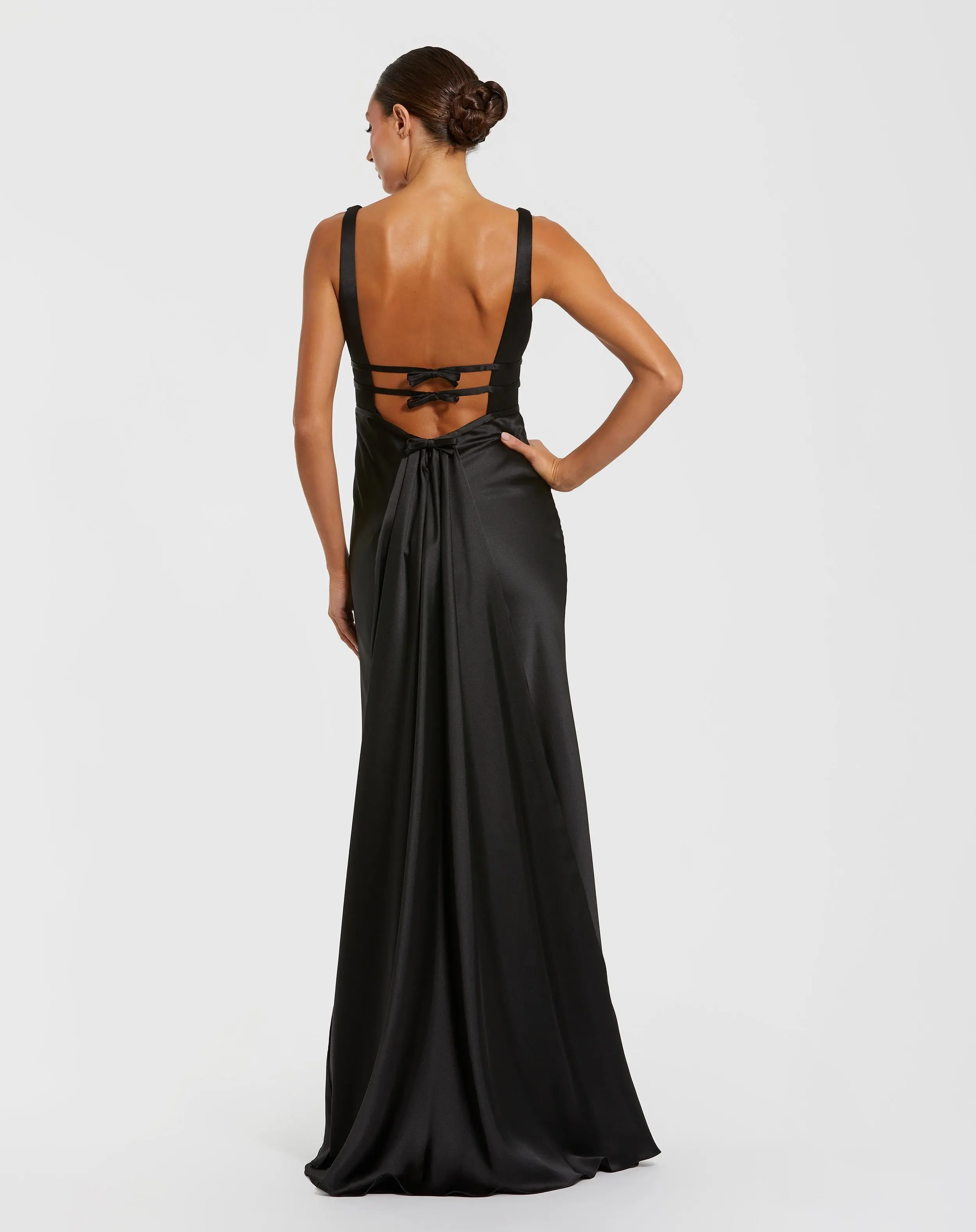Sleeveless V Neck Satin Gown With Bow Details - Special Events Unlimited