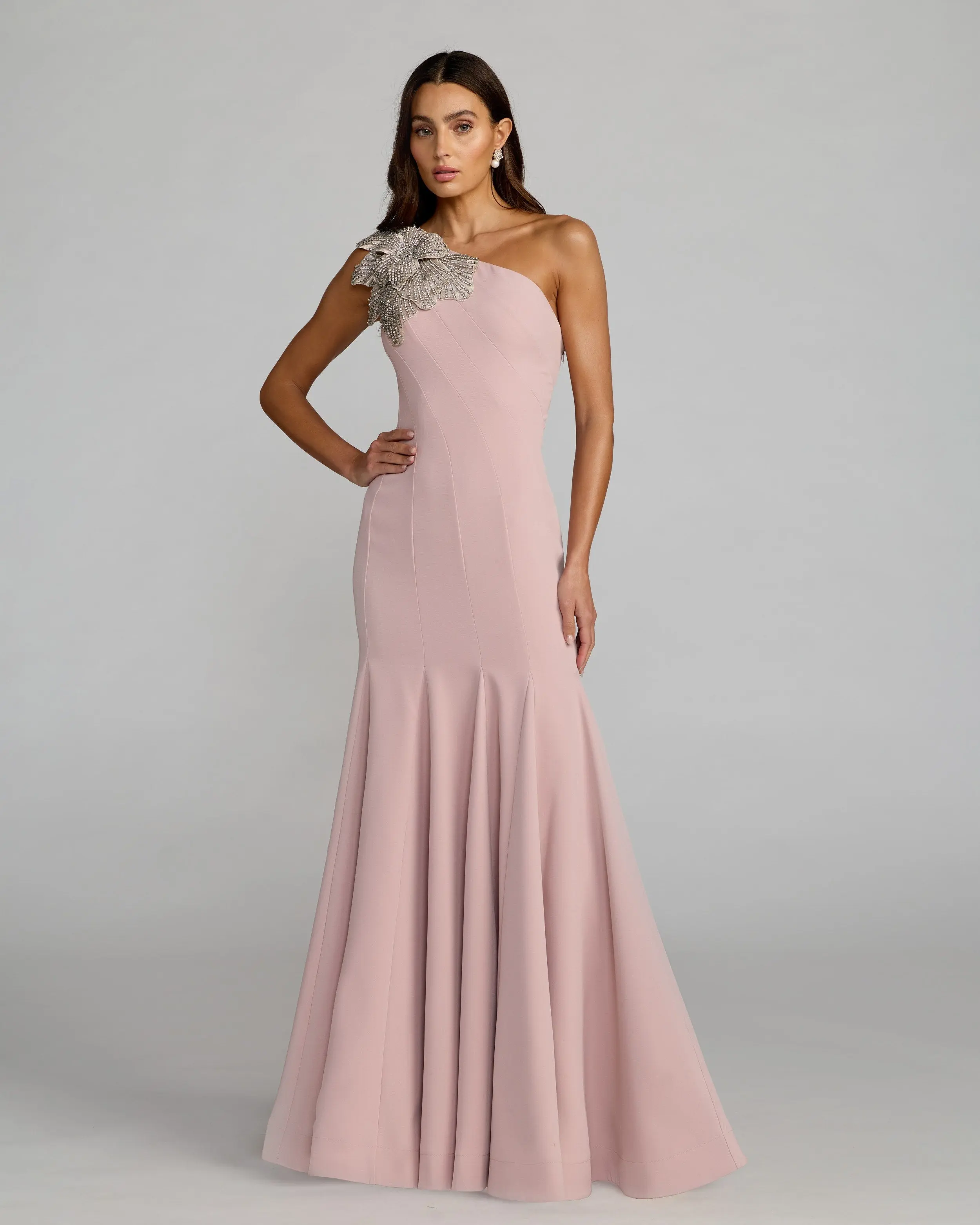 Pink Crepe One Shoulder Gown With Crystal Flower - Special Events Unlimited