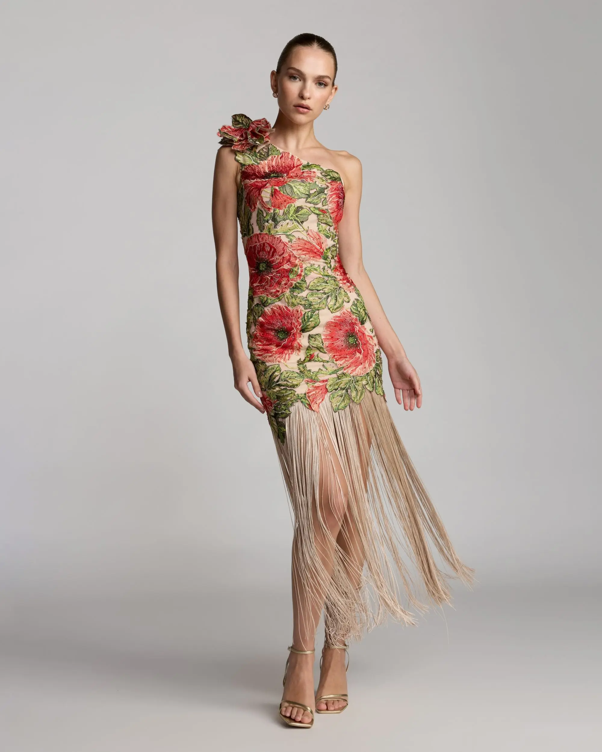 Beige Embroidered One Shoulder Dress With Fringe Hem - Special Events Unlimited