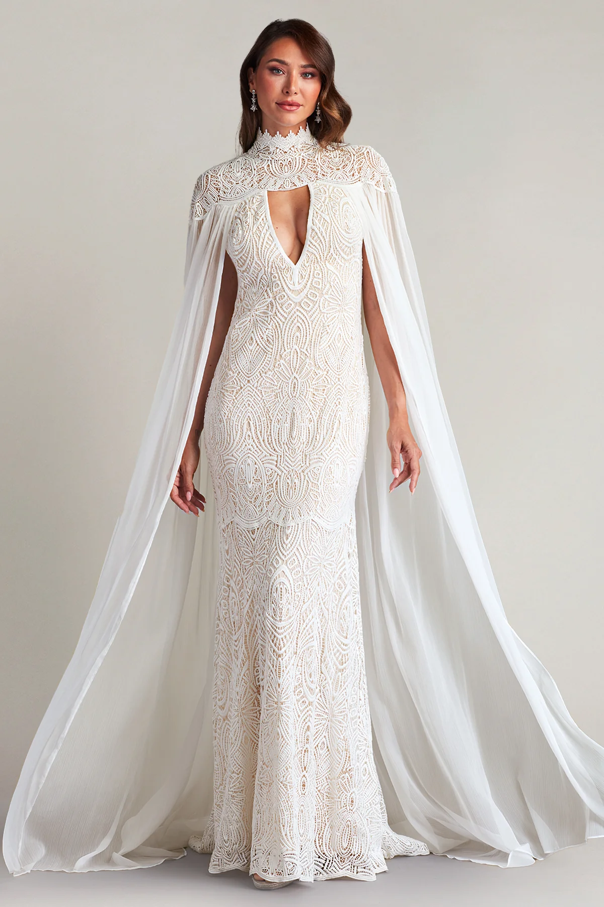 Caspian Chiffon Cape Lace Gown - Special Events Unlimited