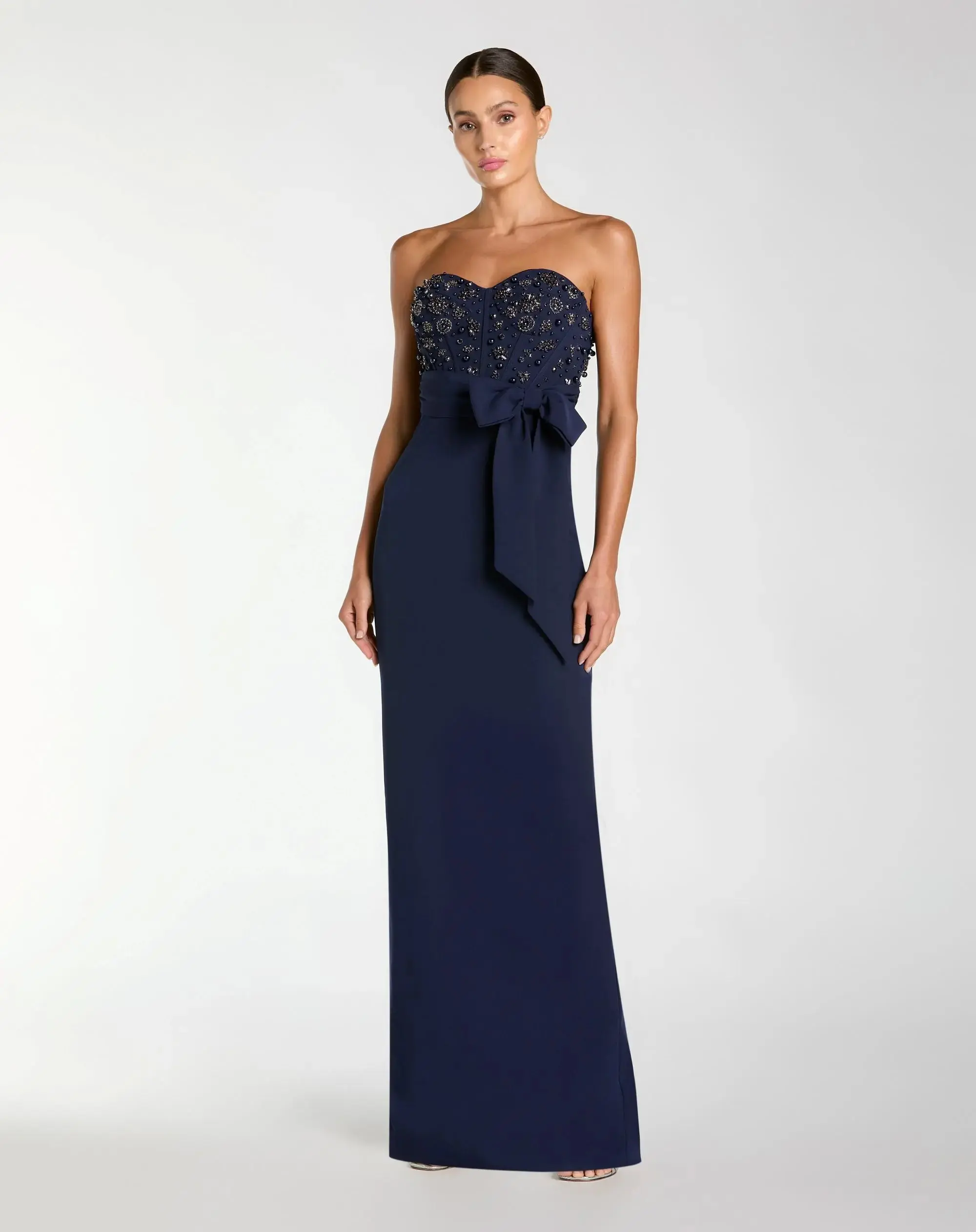 Navy Strapless Embellished Bustier Gown with Bow - Special Events Unlimited