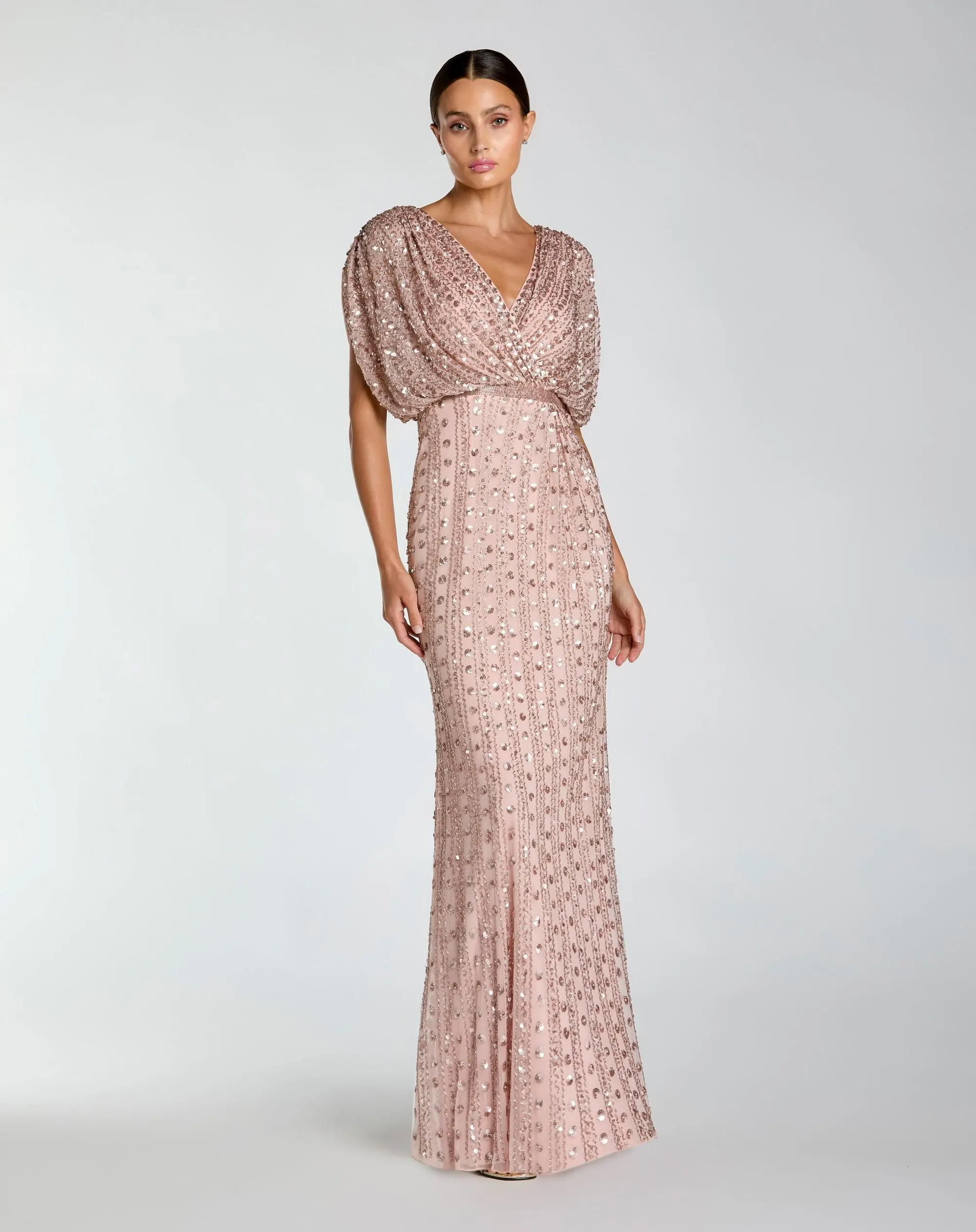 Pink Embellished Blouson V Neck Column Gown - Special Events Unlimited