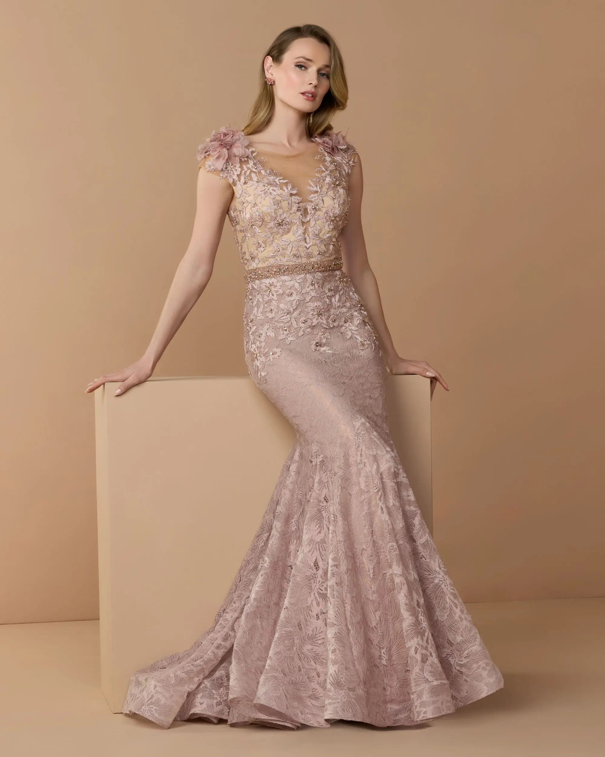 Pink Embellished Lace Illusion Neck Gown With 3D Flowers - Special Events Unlimited