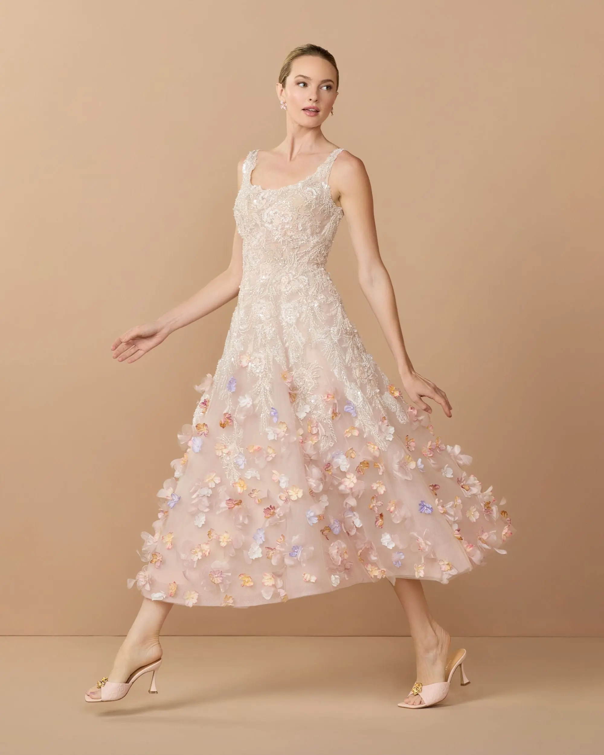 Pink Sleeveless Beaded Midi Dress With 3D Flowers - Special Events Unlimited