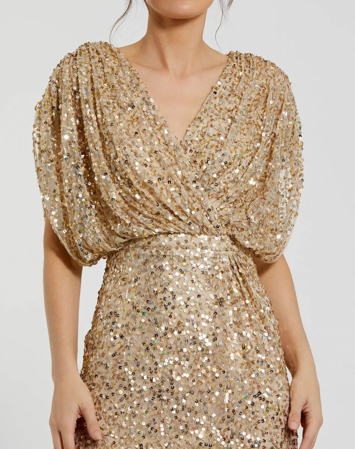 Gold Sequin Draped Sleeve V-Neck Gown - Special Events Unlimited