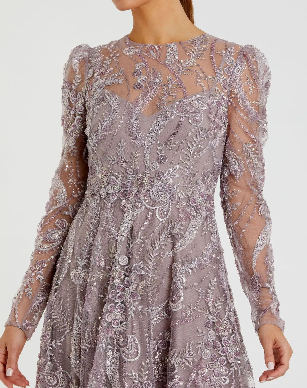 Purple Floral Embroidered High Neck Long Sleeve Dress - Special Events Unlimited