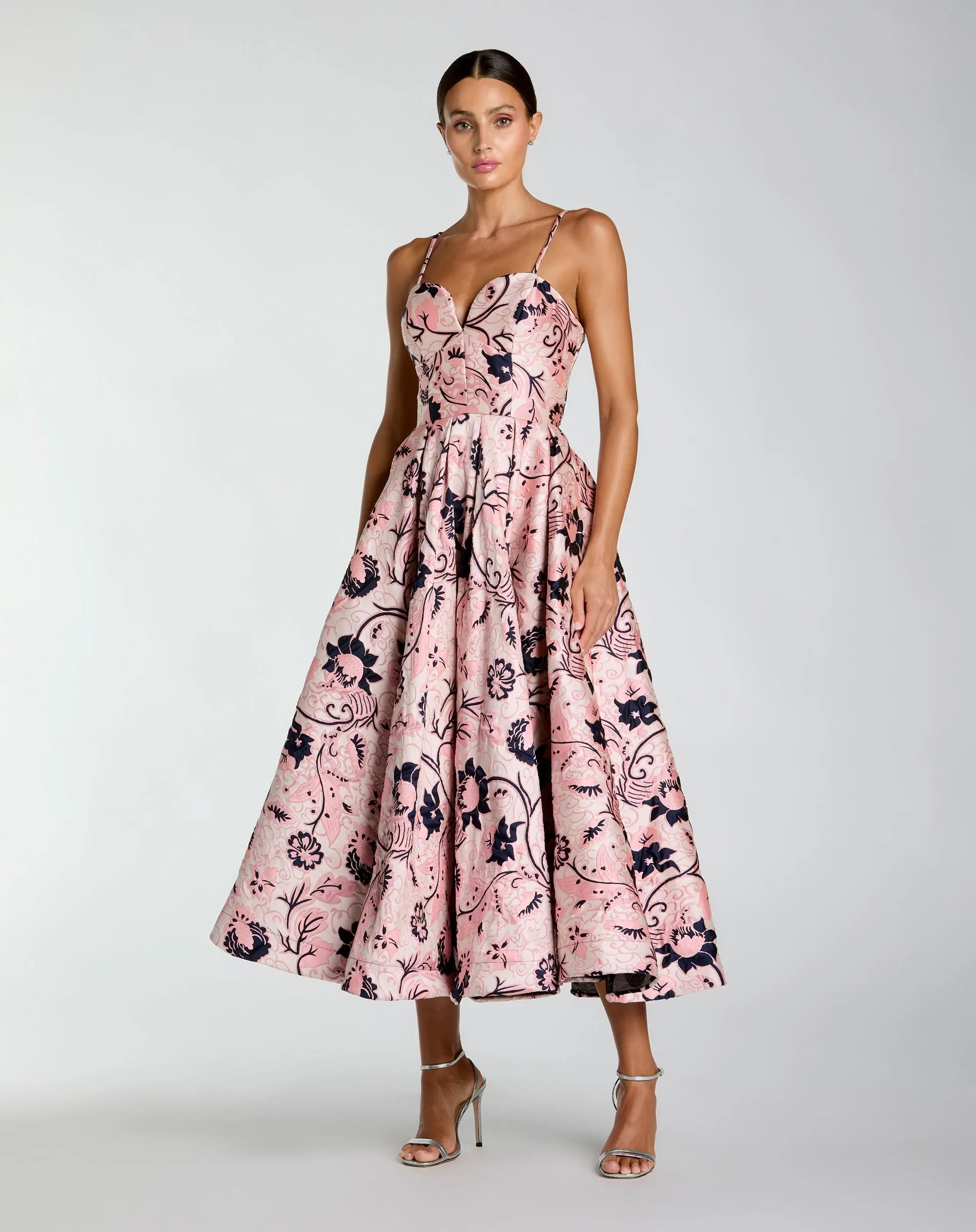 Pink Brocade Sweetheart Neck A-Line Midi Dress - Special Events Unlimited