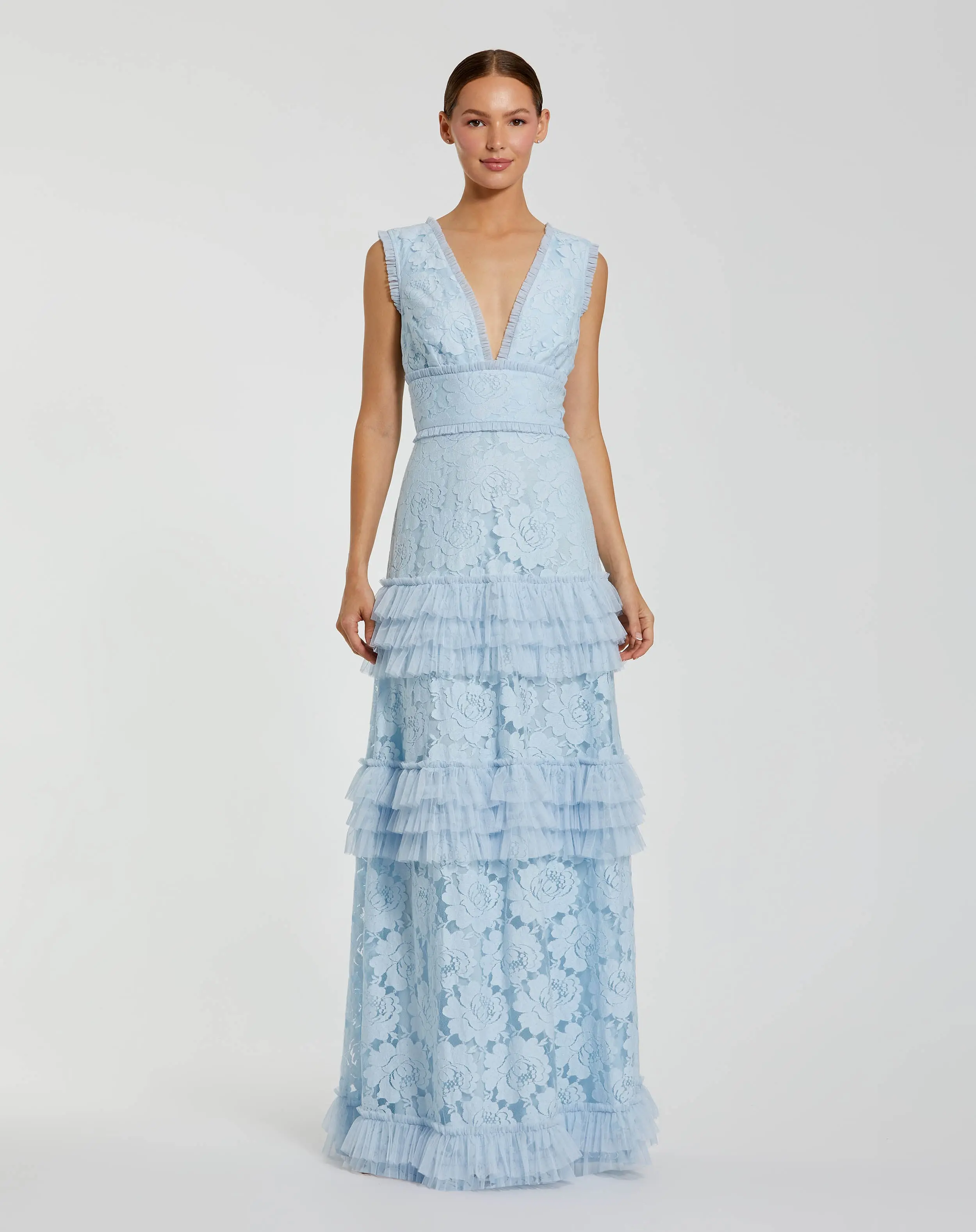 Blue V Neck Lace Tiered Ruffle Gown - Special Events Unlimited