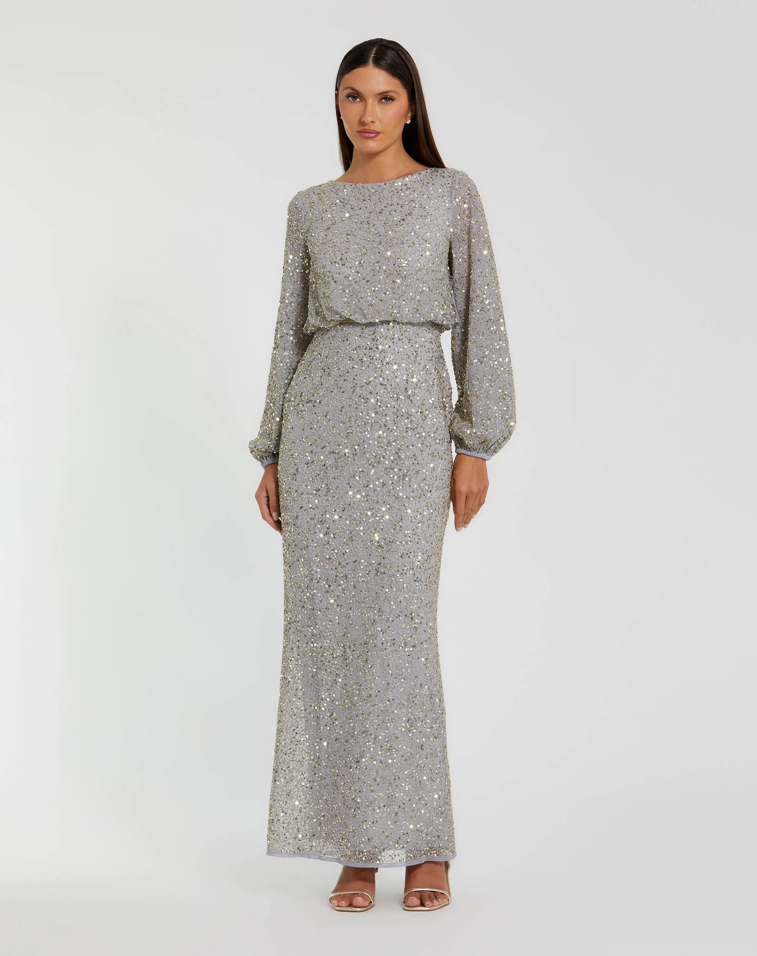 Silver Sequin Blouson Long Sleeve Gown - Special Events Unlimited