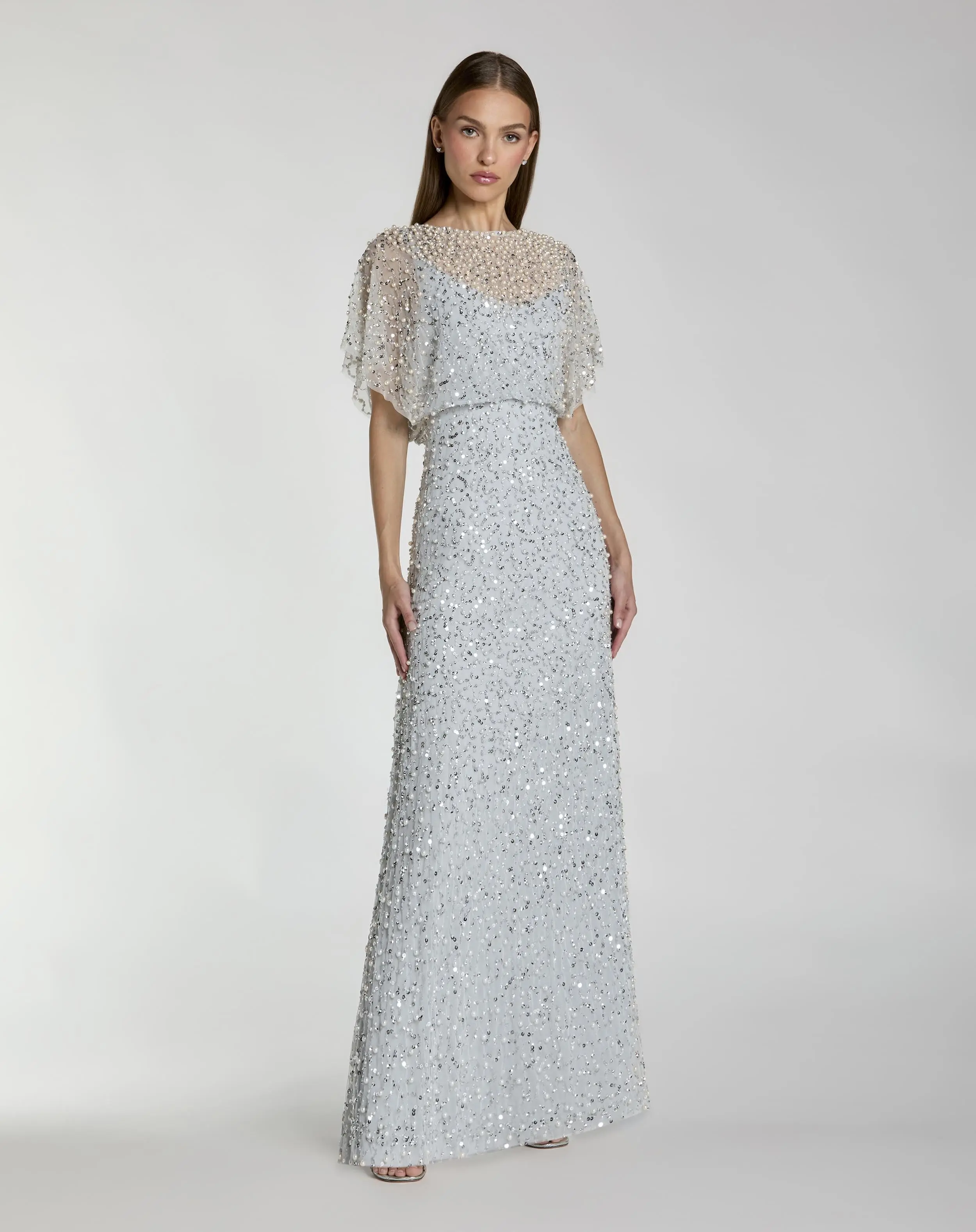 Blue High Neck Short Sleeve Embellished Gown - Special Events Unlimited