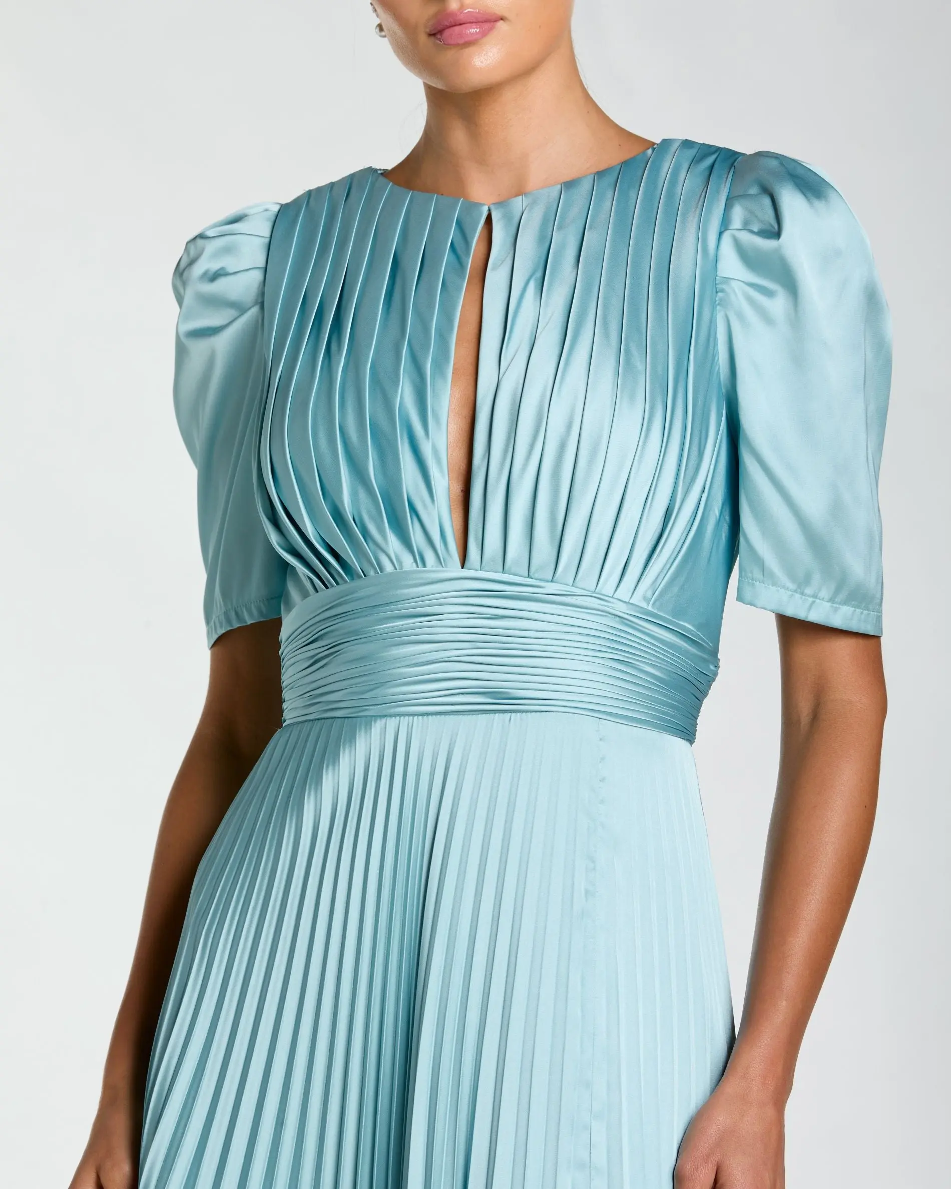 Blue Pleated Charmeuse Puff Sleeve Gown With Slit - Special Events Unlimited
