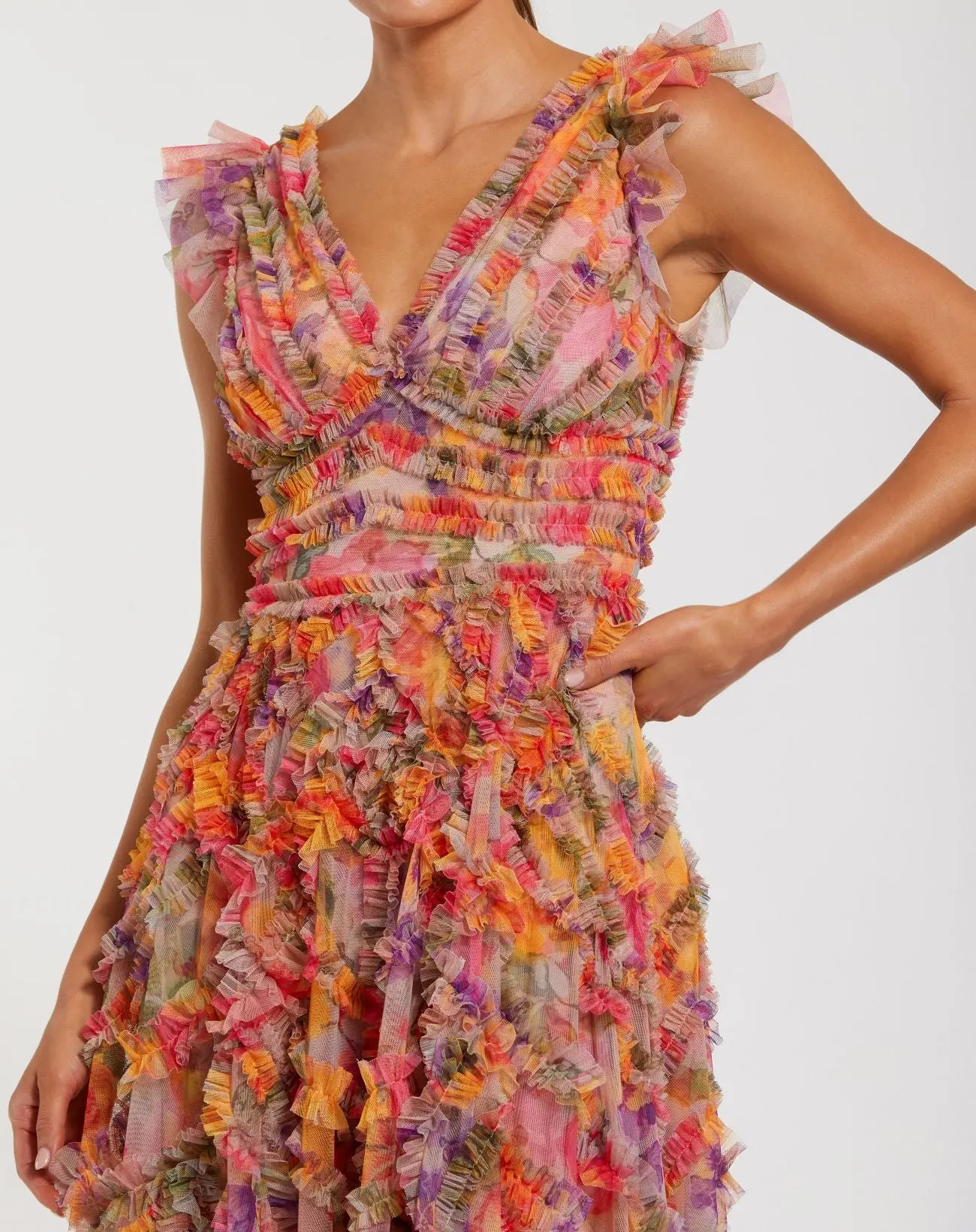 Petite Multicolor Floral V-Neck Ruffle Maxi Dress - Special Events Unlimited