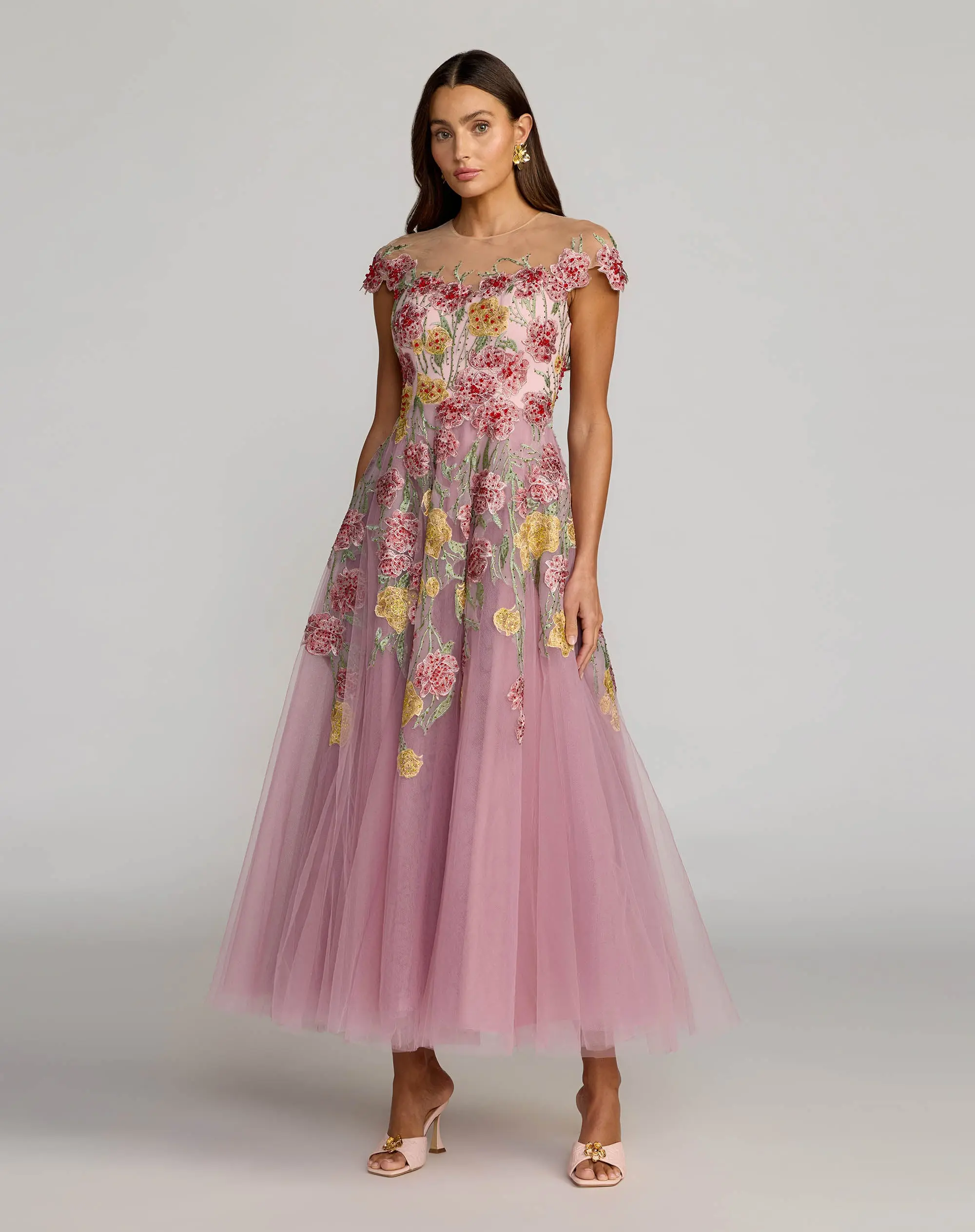 Purple Floral Embroidered Illusion Sweetheart Midi Dress - Special Events Unlimited