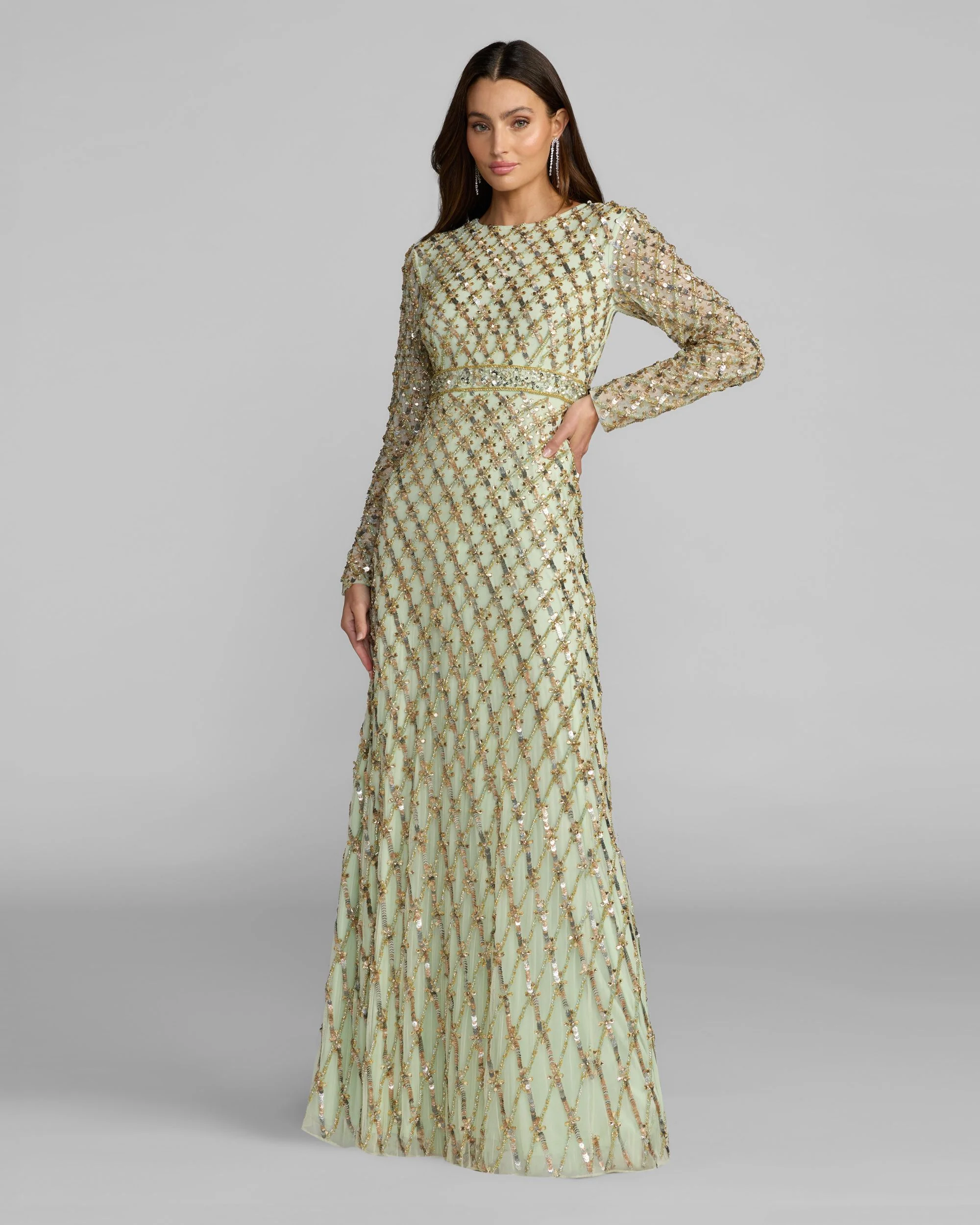 Sage Green Long Sleeve High Neck Embellished Gown - Special Events Unlimited