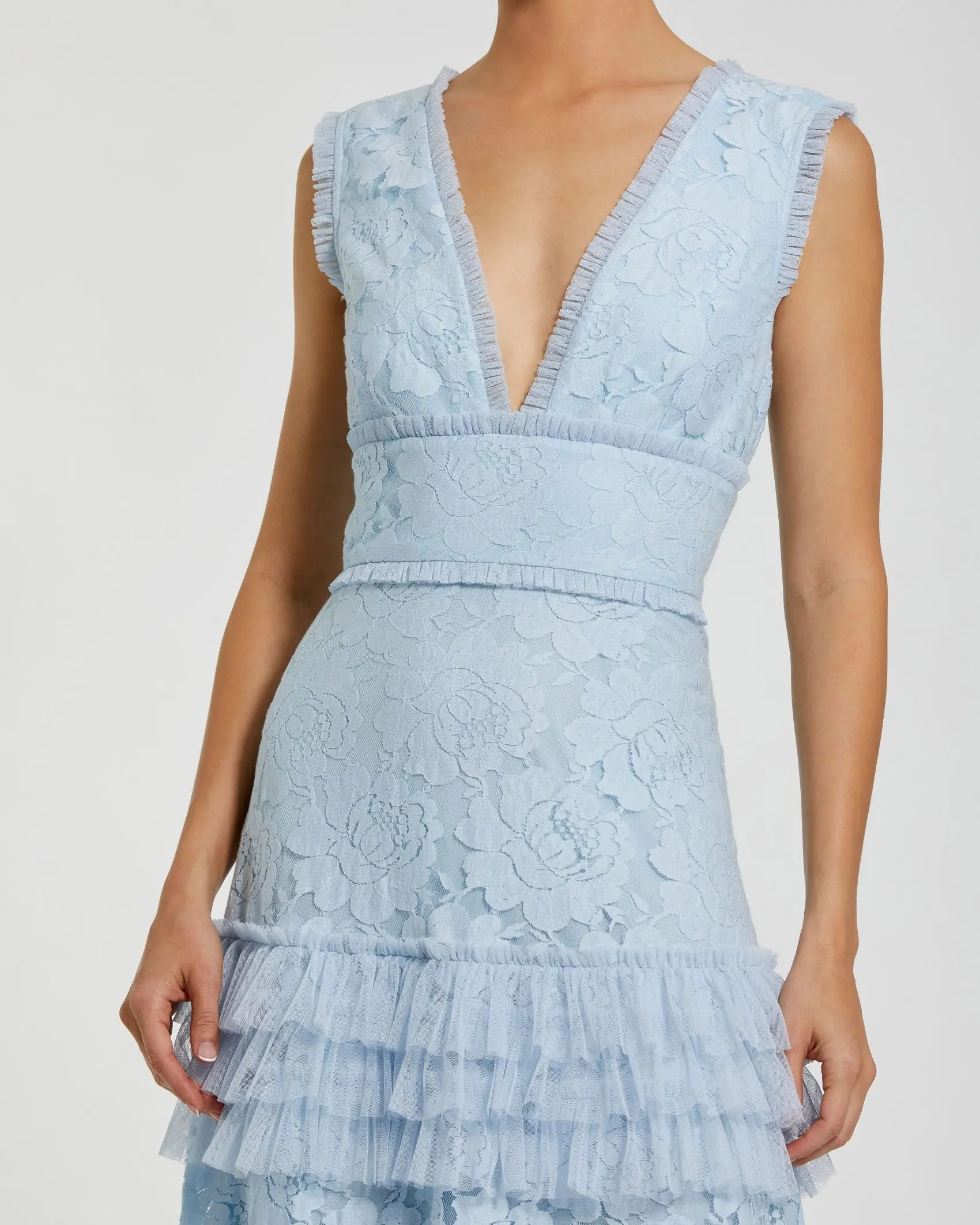 Blue V Neck Lace Tiered Ruffle Gown - Special Events Unlimited