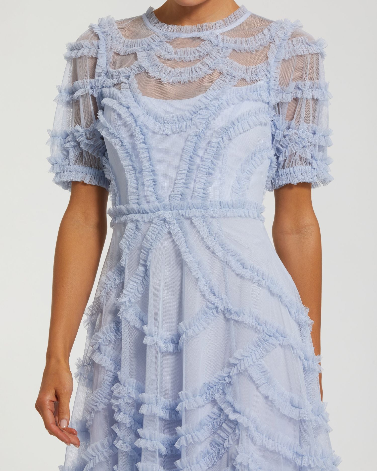 Blue High Neck Short Sleeve Ruffled Midi Dress - Special Events Unlimited