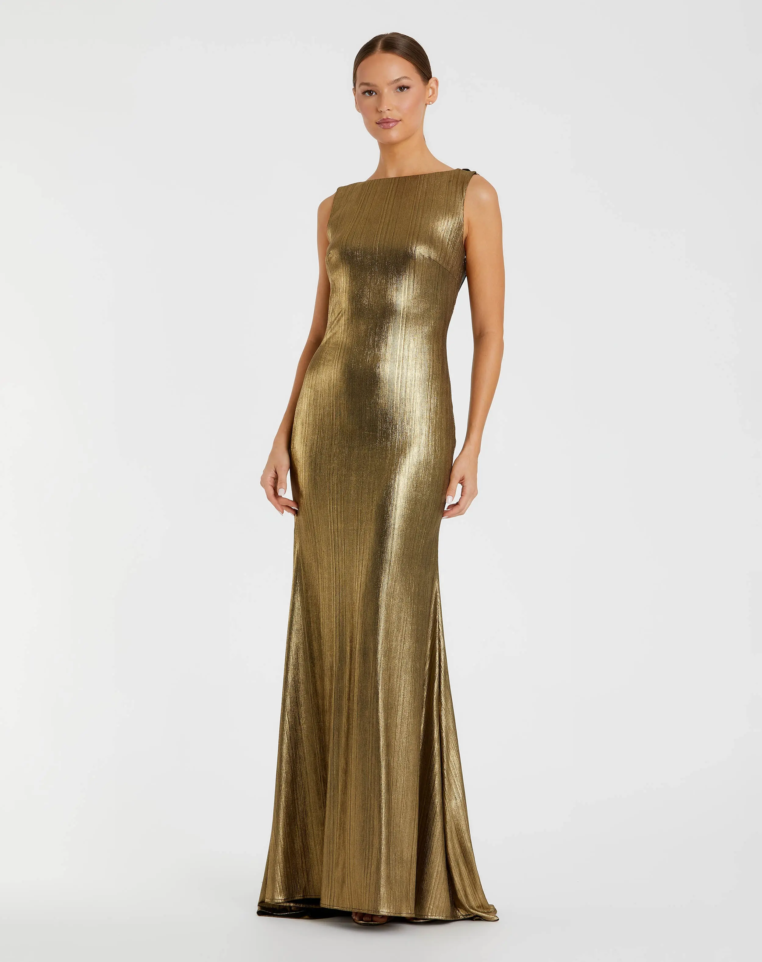 Gold Metallic Jersey Cowl Back Column Gown - Special Events Unlimited